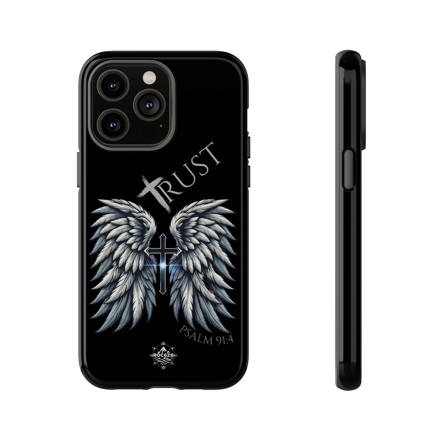 Wings Series Black Phone Case - Trust, Psalm 91:4 Design, Inspirational Gift, Christian Accessories, Spiritual Protection, Encouragement