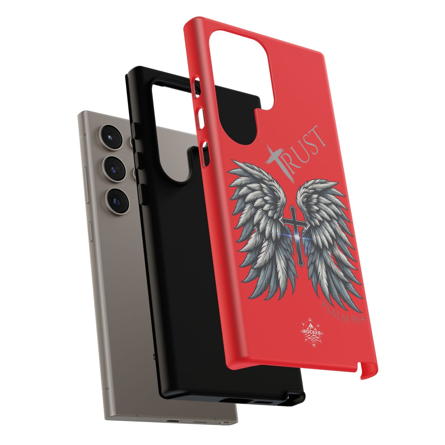 Wings Series Red Phone Case - Trust, Psalm 91:4 Design, Inspirational Gift, Christian Accessories, Spiritual Protection, Encouragement