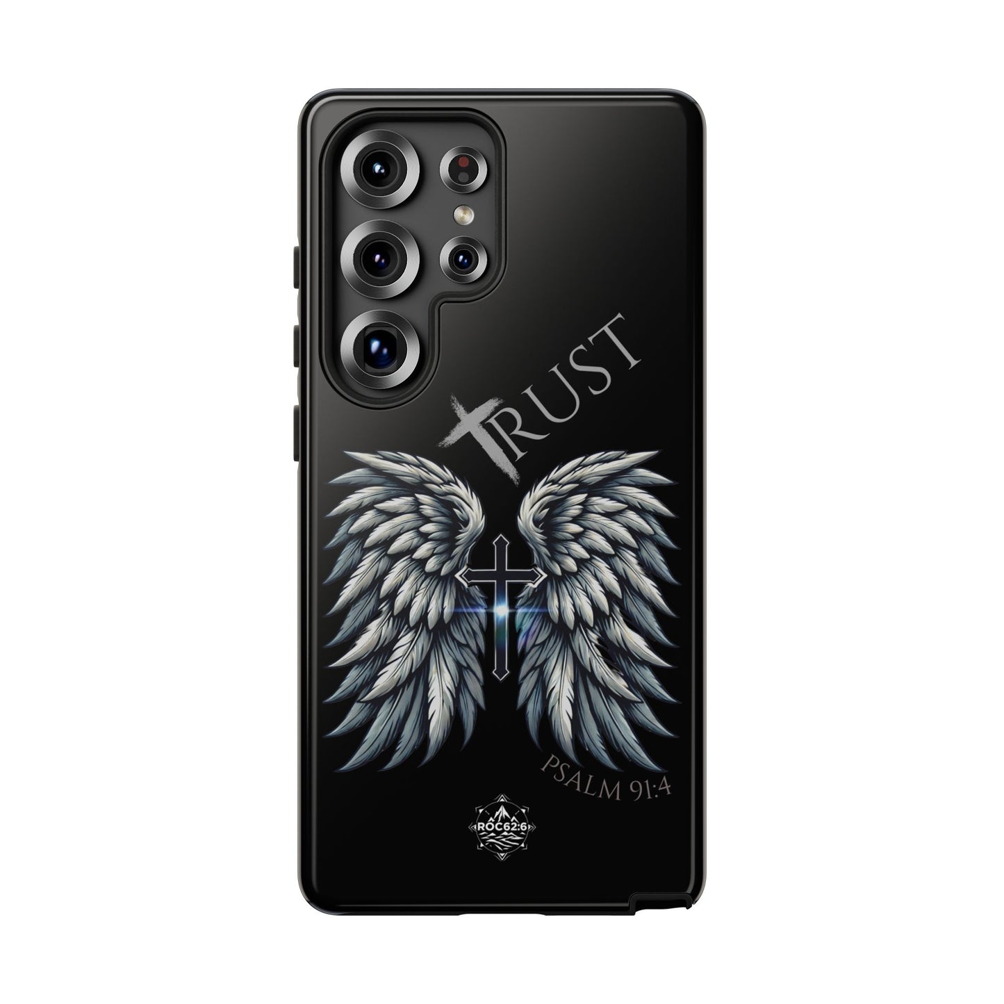 Wings Series Black Phone Case - Trust, Psalm 91:4 Design, Inspirational Gift, Christian Accessories, Spiritual Protection, Encouragement