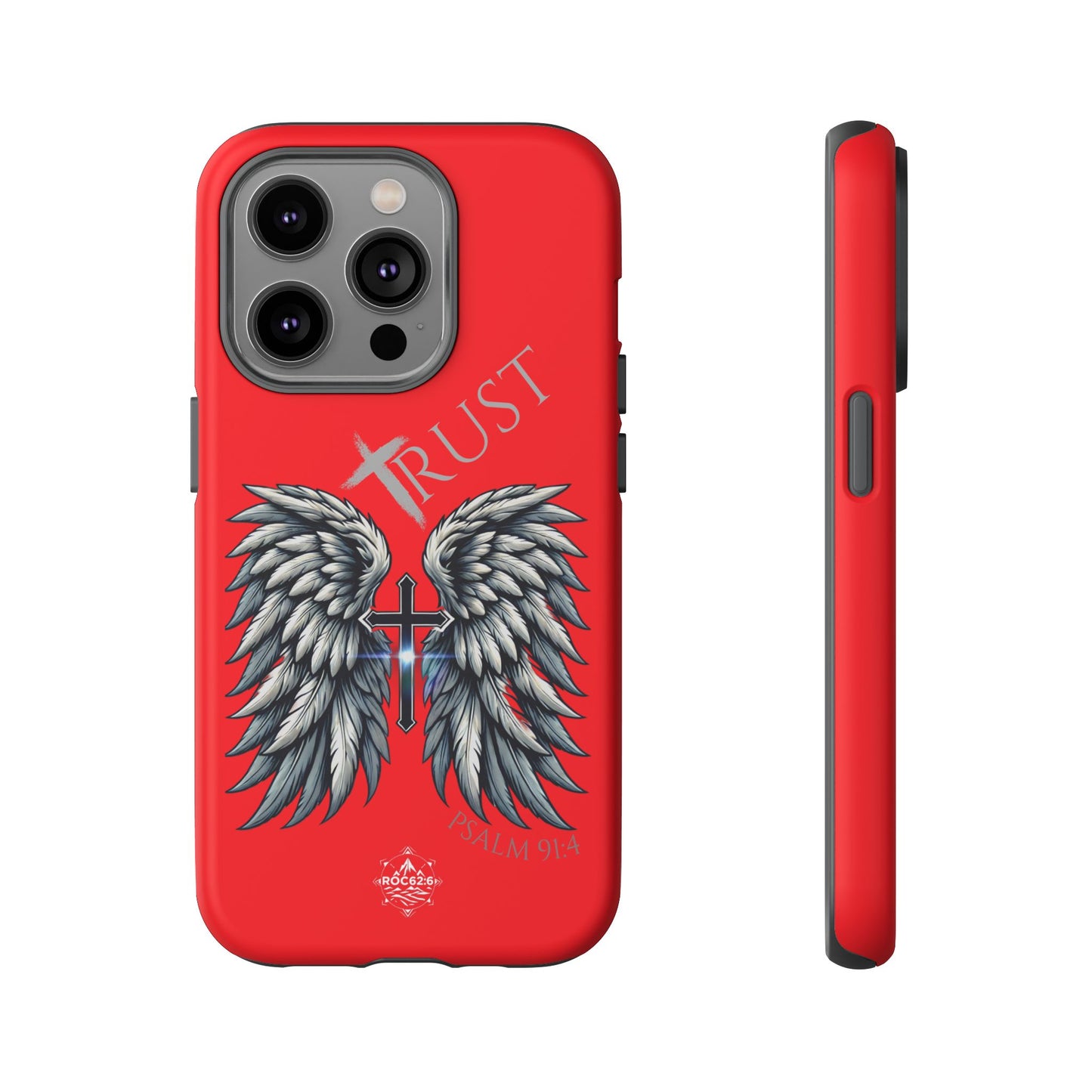 Wings Series Red Phone Case - Trust, Psalm 91:4 Design, Inspirational Gift, Christian Accessories, Spiritual Protection, Encouragement