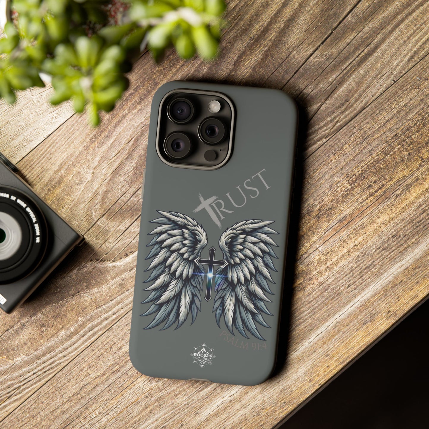 Wings Series Dark Grey Phone Case - Trust, Psalm 91:4 Design, Inspirational Gift, Christian Accessories, Spiritual Protection, Encouragement