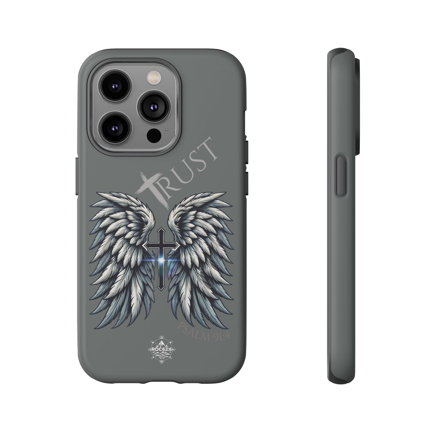 Wings Series Dark Grey Phone Case - Trust, Psalm 91:4 Design, Inspirational Gift, Christian Accessories, Spiritual Protection, Encouragement