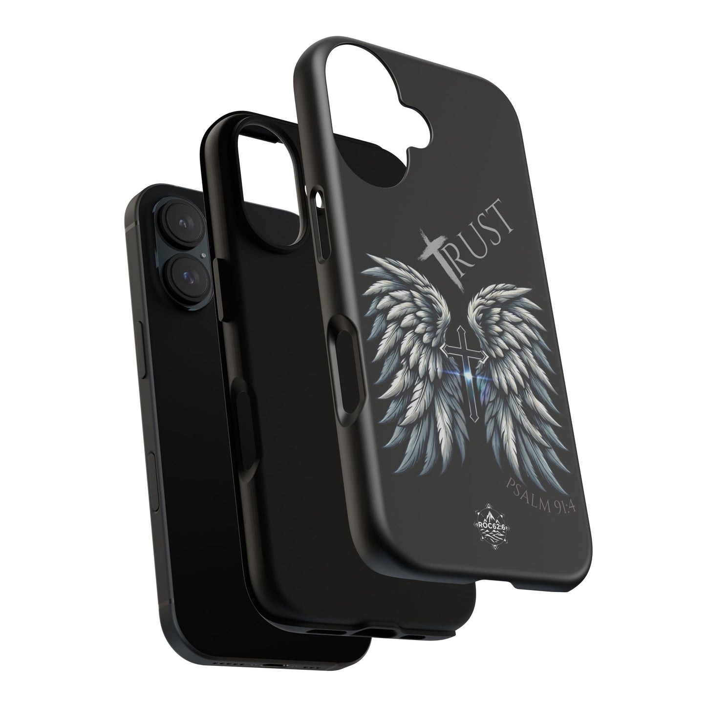 Wings Series Black Phone Case - Trust, Psalm 91:4 Design, Inspirational Gift, Christian Accessories, Spiritual Protection, Encouragement