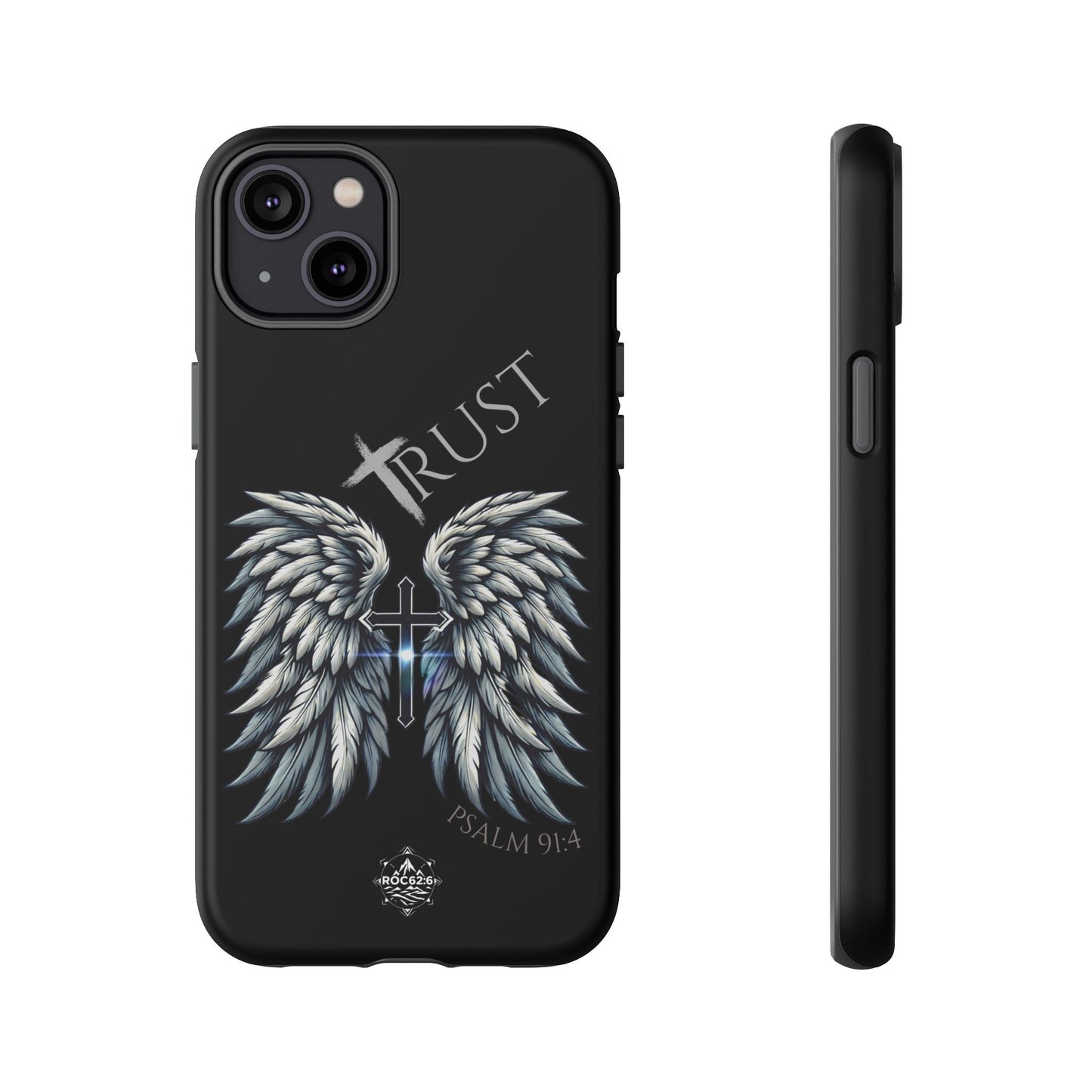 Wings Series Black Phone Case - Trust, Psalm 91:4 Design, Inspirational Gift, Christian Accessories, Spiritual Protection, Encouragement