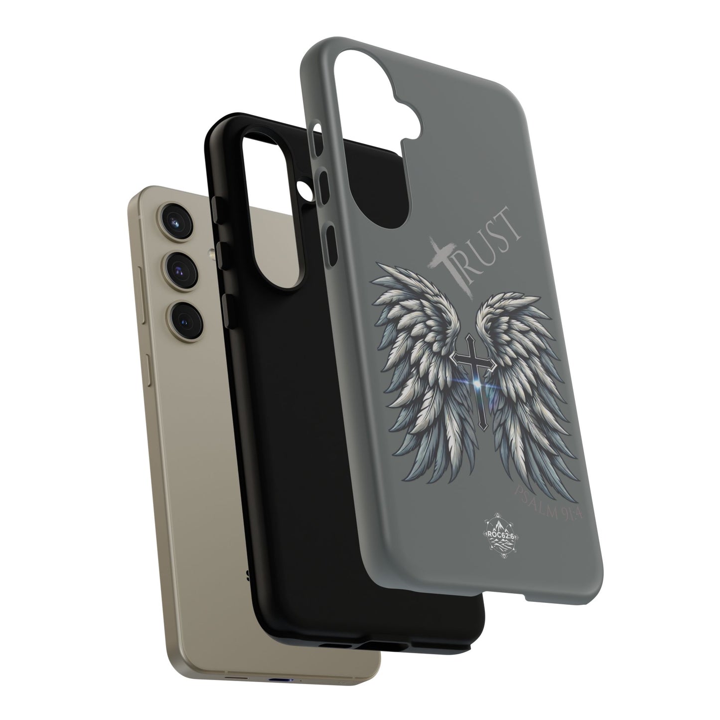 Wings Series Dark Grey Phone Case - Trust, Psalm 91:4 Design, Inspirational Gift, Christian Accessories, Spiritual Protection, Encouragement