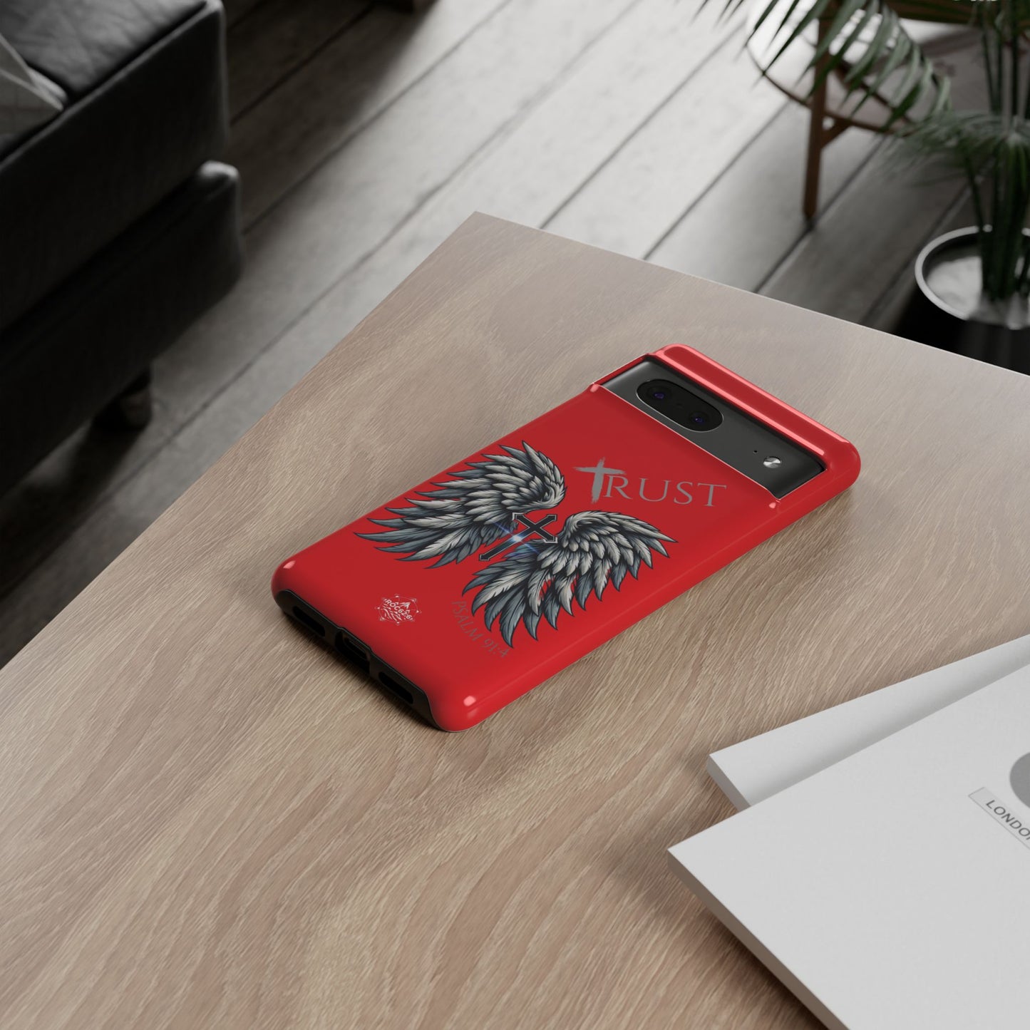 Wings Series Red Phone Case - Trust, Psalm 91:4 Design, Inspirational Gift, Christian Accessories, Spiritual Protection, Encouragement