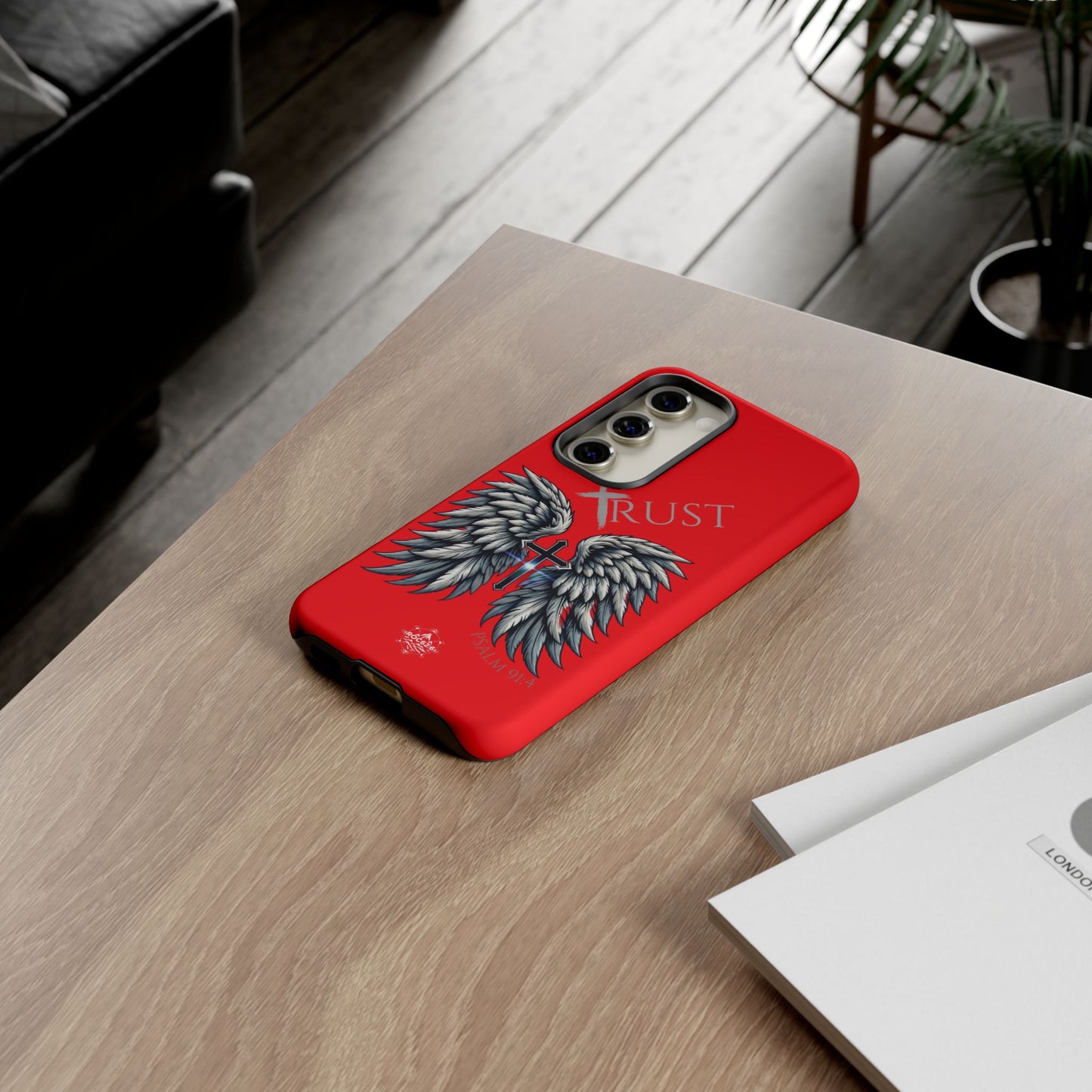 Wings Series Red Phone Case - Trust, Psalm 91:4 Design, Inspirational Gift, Christian Accessories, Spiritual Protection, Encouragement