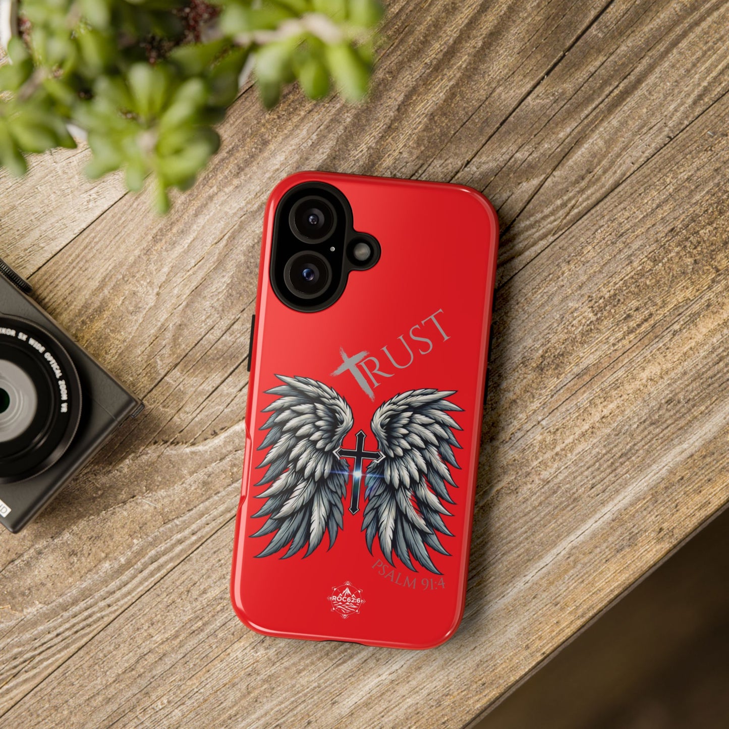 Wings Series Red Phone Case - Trust, Psalm 91:4 Design, Inspirational Gift, Christian Accessories, Spiritual Protection, Encouragement