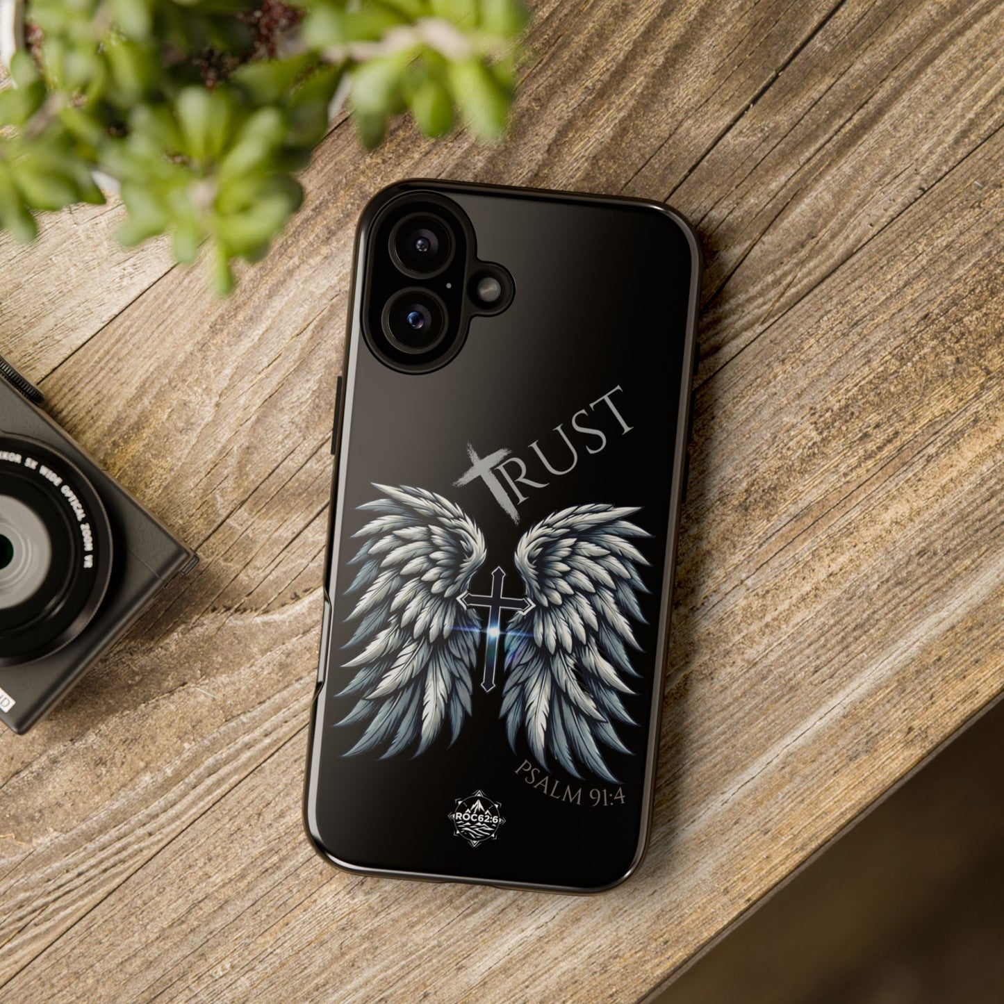 Wings Series Black Phone Case - Trust, Psalm 91:4 Design, Inspirational Gift, Christian Accessories, Spiritual Protection, Encouragement