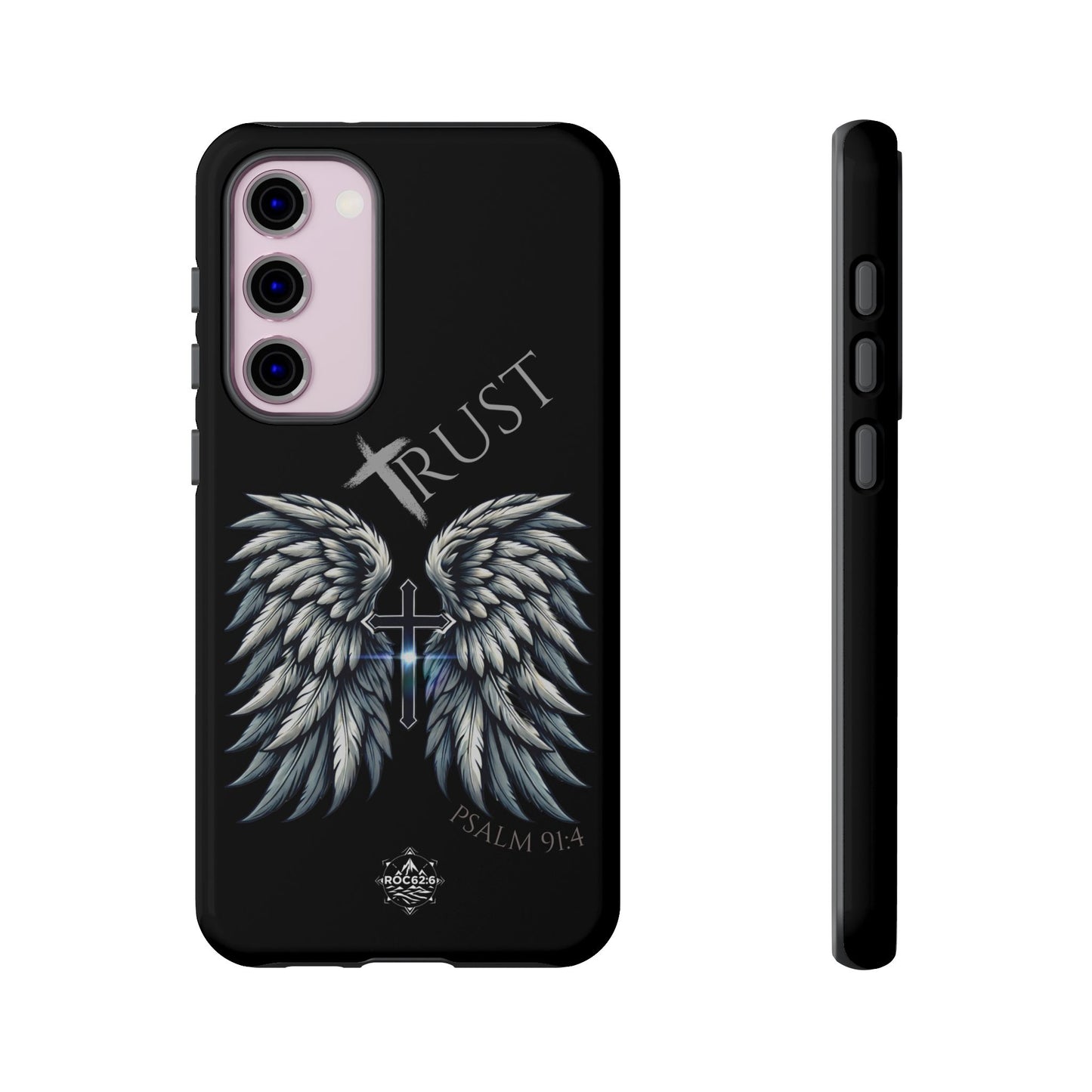 Wings Series Black Phone Case - Trust, Psalm 91:4 Design, Inspirational Gift, Christian Accessories, Spiritual Protection, Encouragement