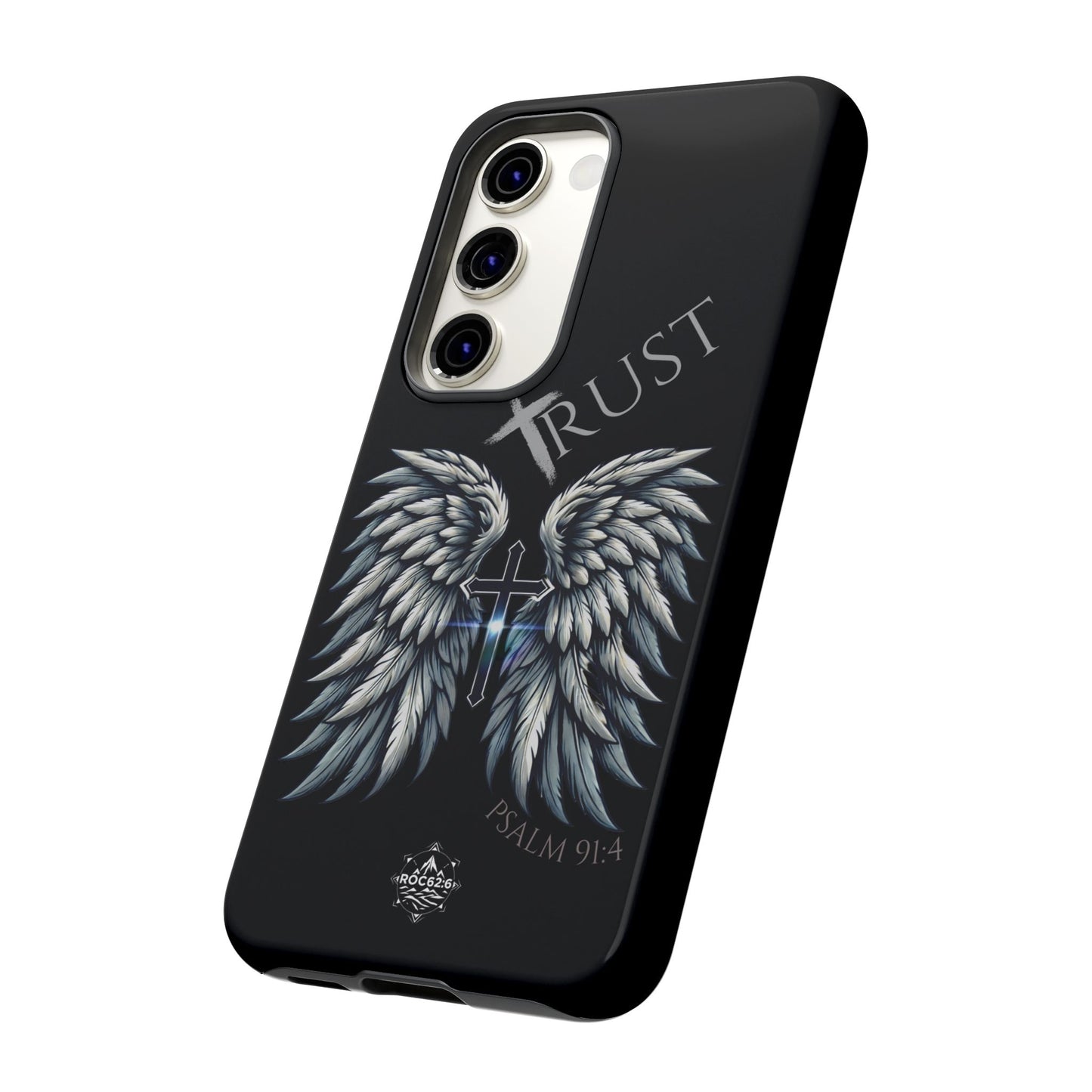 Wings Series Black Phone Case - Trust, Psalm 91:4 Design, Inspirational Gift, Christian Accessories, Spiritual Protection, Encouragement