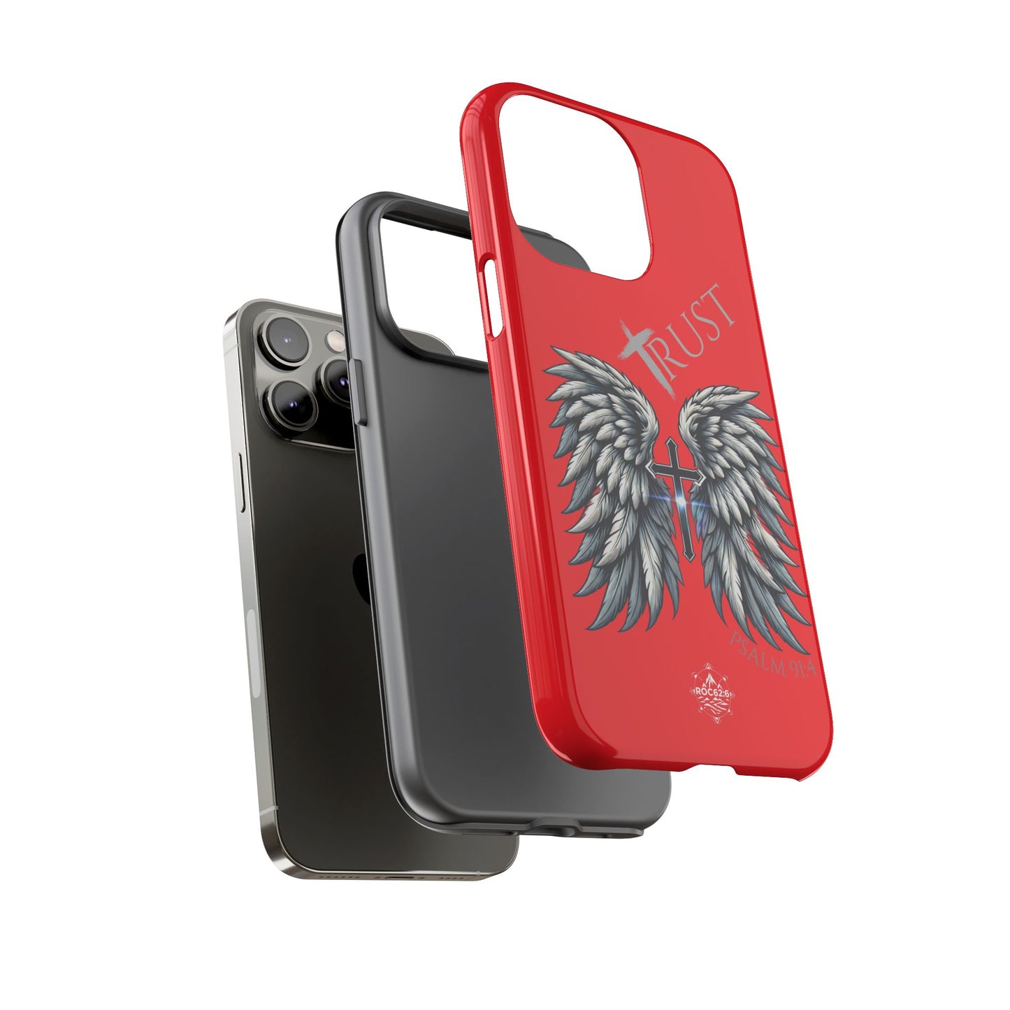 Wings Series Red Phone Case - Trust, Psalm 91:4 Design, Inspirational Gift, Christian Accessories, Spiritual Protection, Encouragement