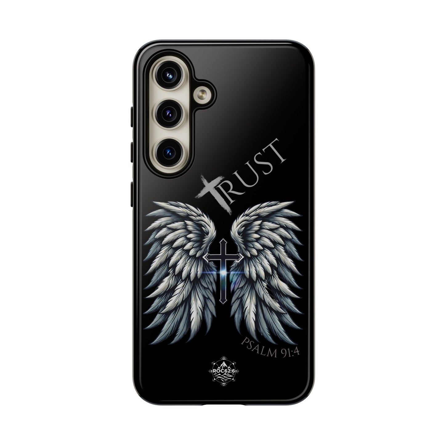 Wings Series Black Phone Case - Trust, Psalm 91:4 Design, Inspirational Gift, Christian Accessories, Spiritual Protection, Encouragement