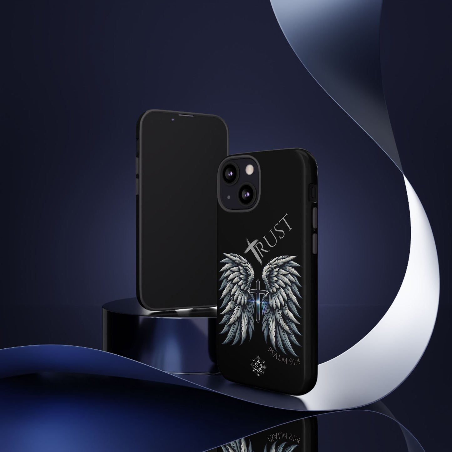 Wings Series Black Phone Case - Trust, Psalm 91:4 Design, Inspirational Gift, Christian Accessories, Spiritual Protection, Encouragement