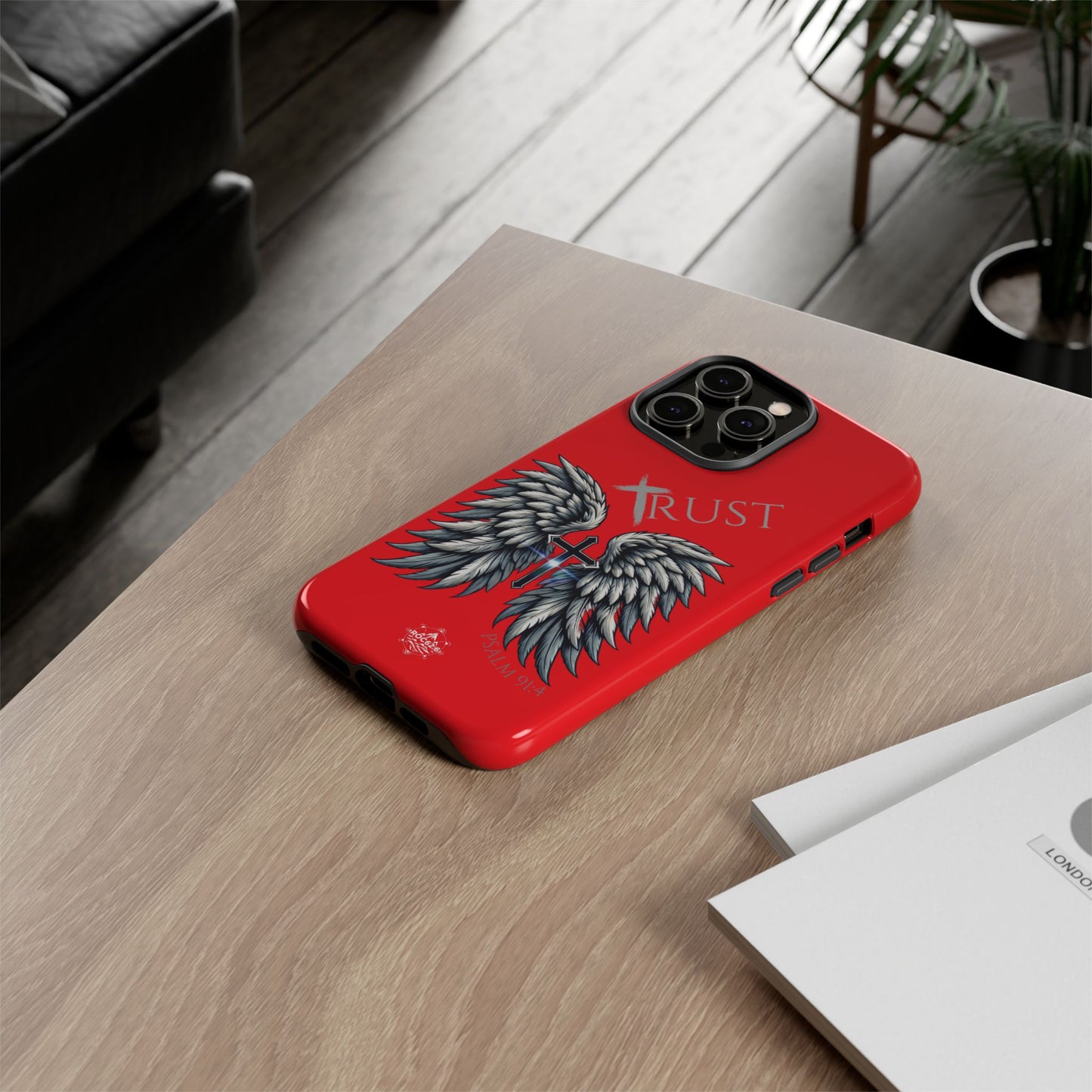 Wings Series Red Phone Case - Trust, Psalm 91:4 Design, Inspirational Gift, Christian Accessories, Spiritual Protection, Encouragement