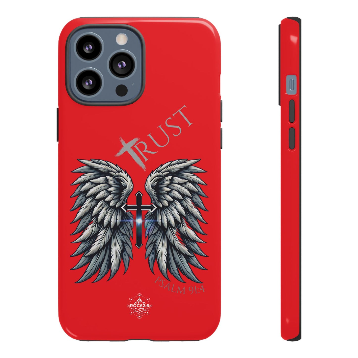 Wings Series Red Phone Case - Trust, Psalm 91:4 Design, Inspirational Gift, Christian Accessories, Spiritual Protection, Encouragement