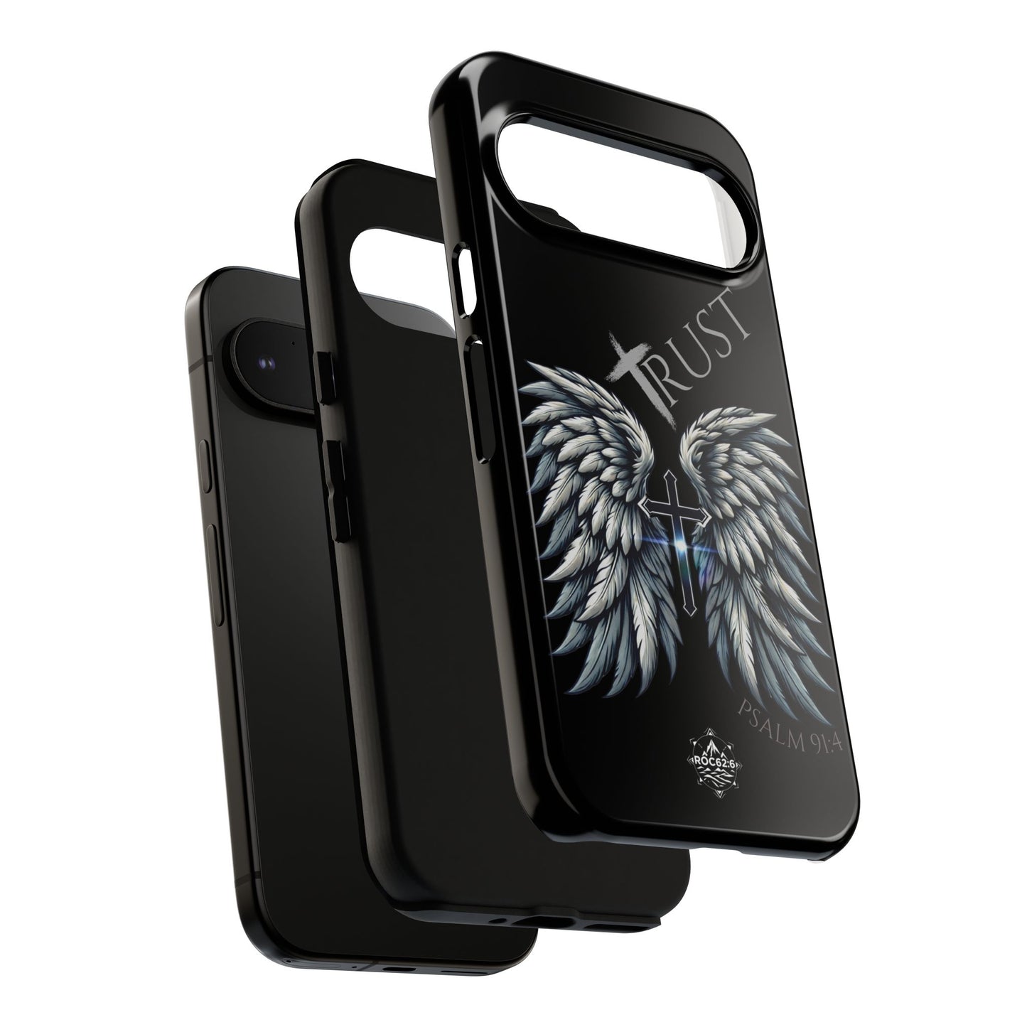 Wings Series Black Phone Case - Trust, Psalm 91:4 Design, Inspirational Gift, Christian Accessories, Spiritual Protection, Encouragement