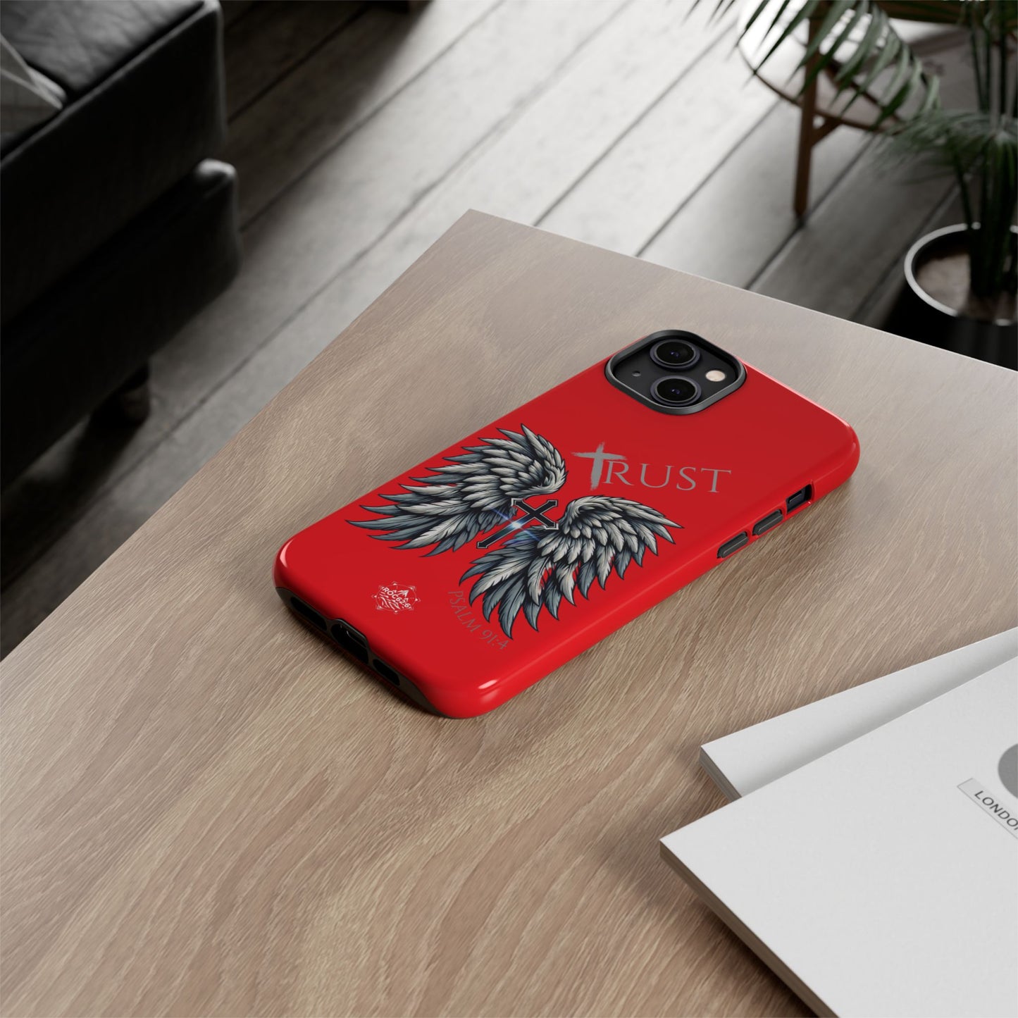 Wings Series Red Phone Case - Trust, Psalm 91:4 Design, Inspirational Gift, Christian Accessories, Spiritual Protection, Encouragement