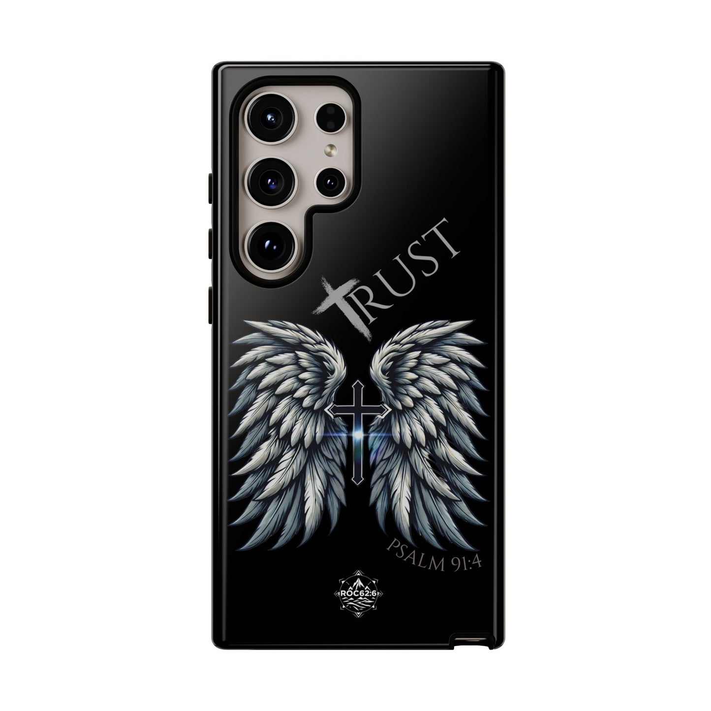 Wings Series Black Phone Case - Trust, Psalm 91:4 Design, Inspirational Gift, Christian Accessories, Spiritual Protection, Encouragement