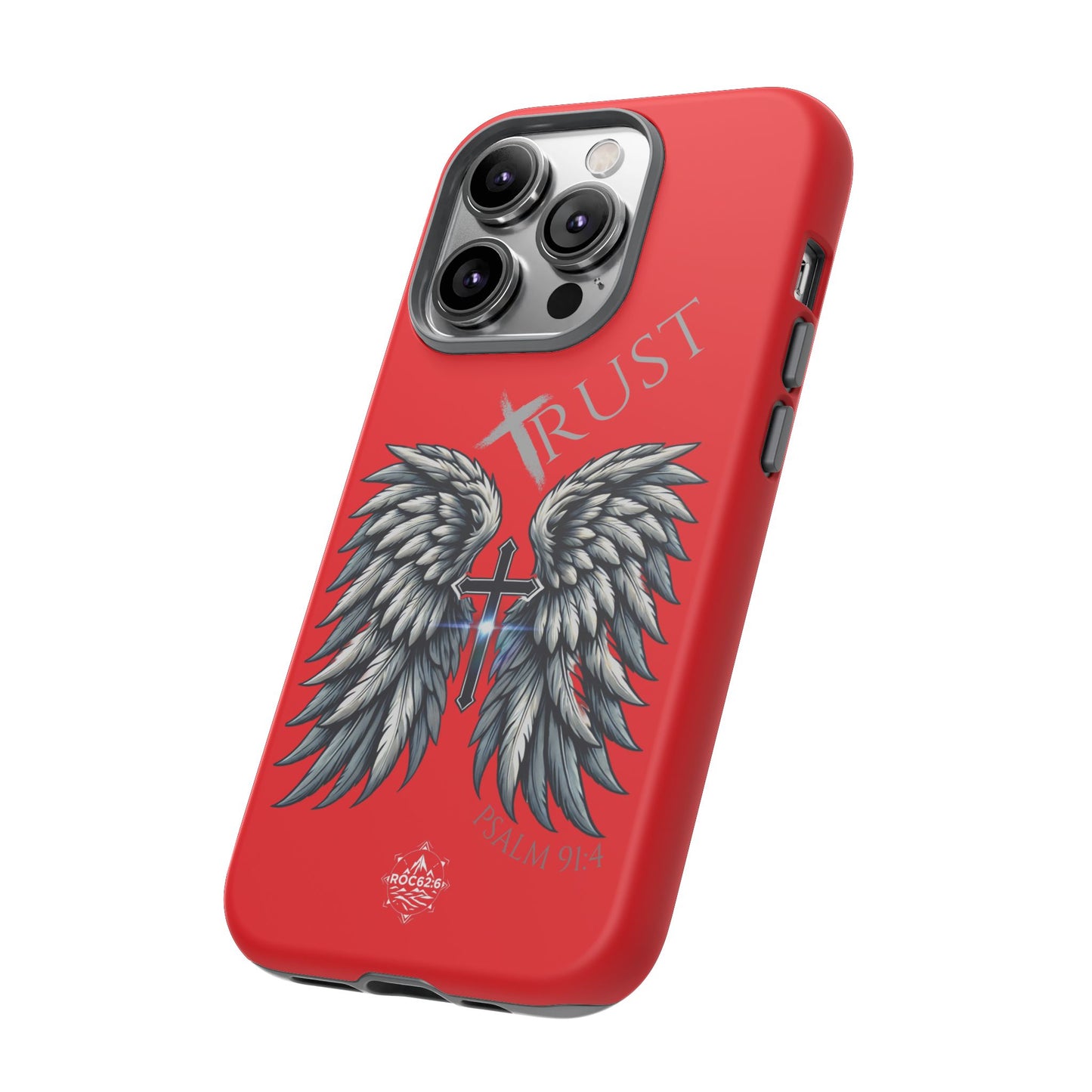 Wings Series Red Phone Case - Trust, Psalm 91:4 Design, Inspirational Gift, Christian Accessories, Spiritual Protection, Encouragement