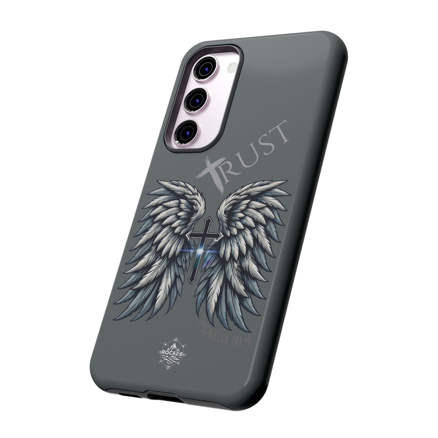 Wings Series Dark Grey Phone Case - Trust, Psalm 91:4 Design, Inspirational Gift, Christian Accessories, Spiritual Protection, Encouragement