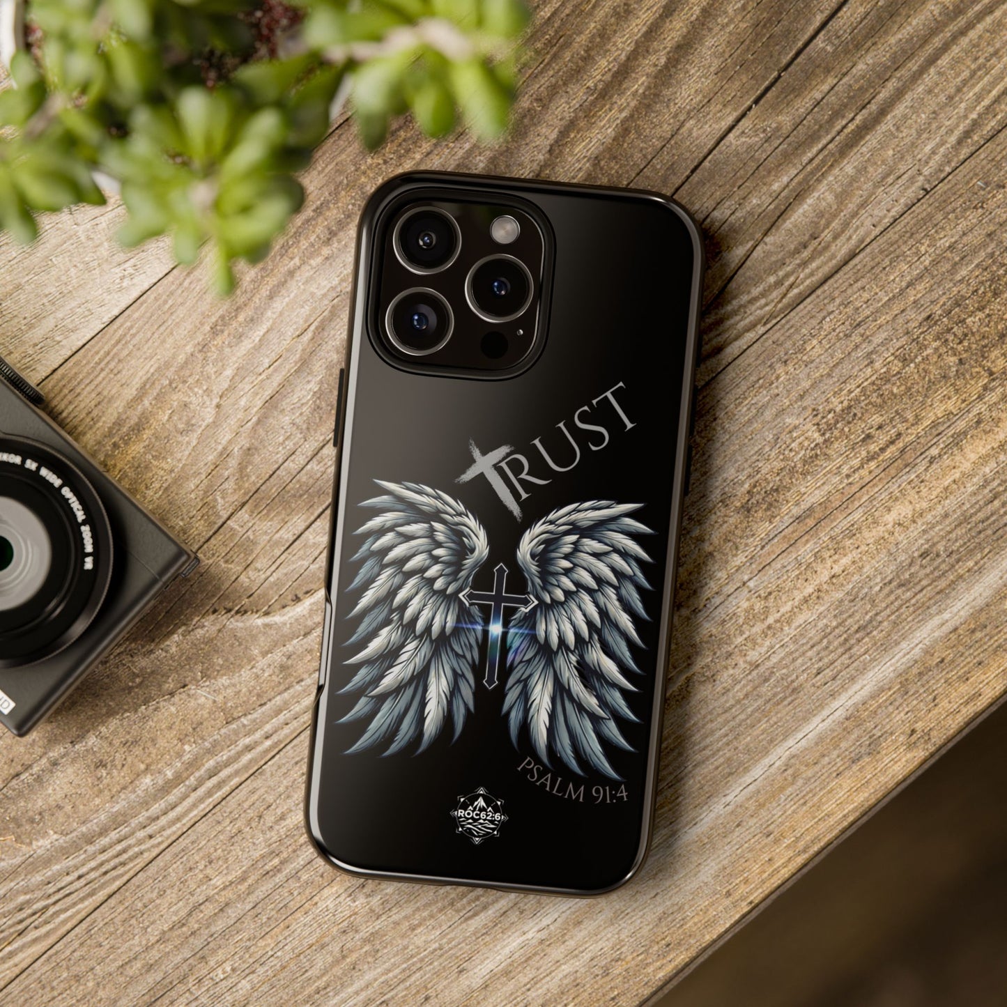 Wings Series Black Phone Case - Trust, Psalm 91:4 Design, Inspirational Gift, Christian Accessories, Spiritual Protection, Encouragement