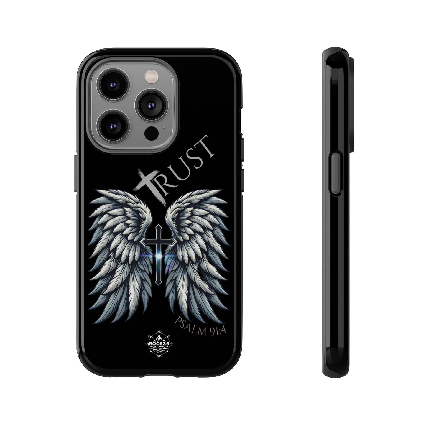 Wings Series Black Phone Case - Trust, Psalm 91:4 Design, Inspirational Gift, Christian Accessories, Spiritual Protection, Encouragement
