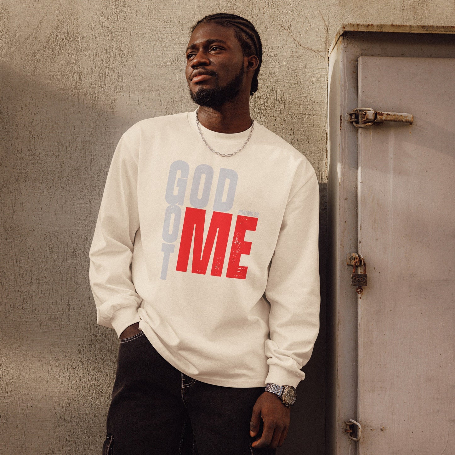 GOD GOT ME Premium heavyweight long sleeve shirt, Psalm 23 Tee, God with Me Tee, Christian Apparel, Christian Attire, Jesus With Me Tee.