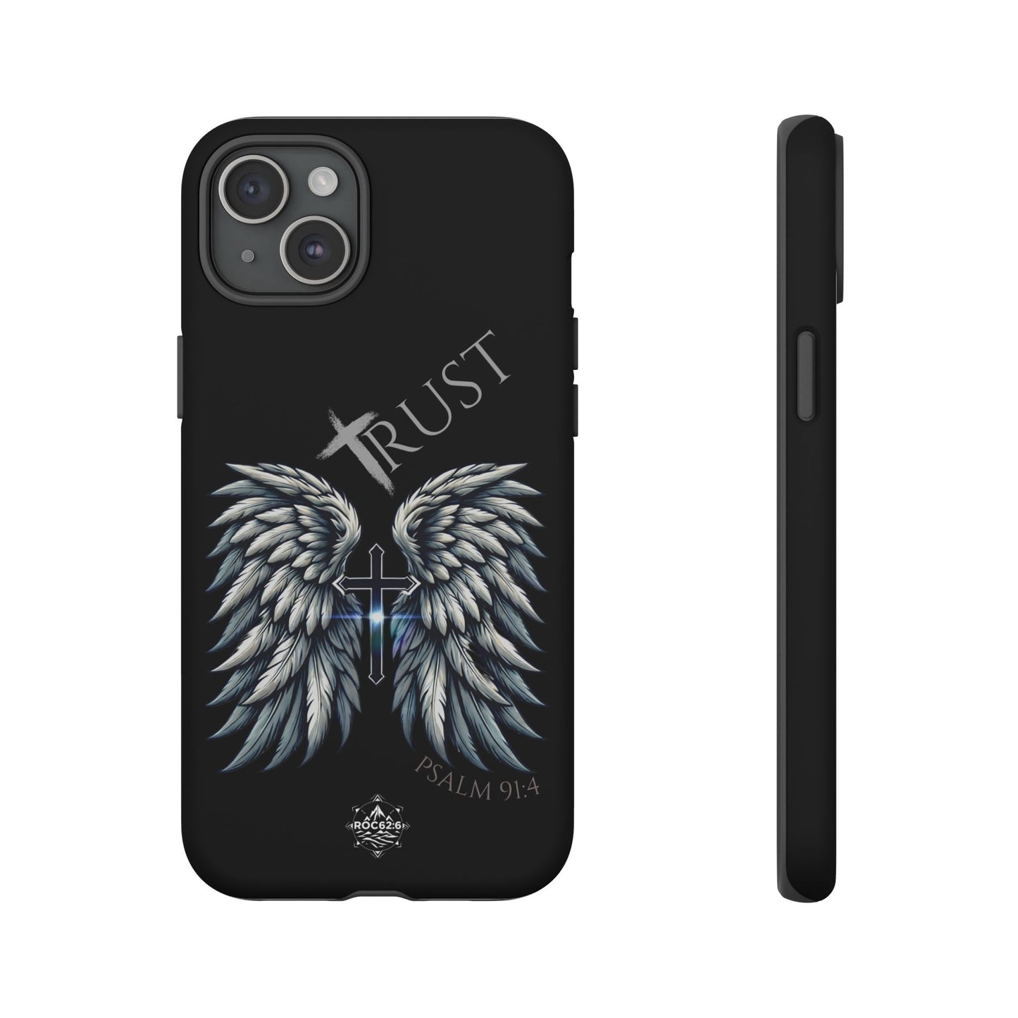 Wings Series Black Phone Case - Trust, Psalm 91:4 Design, Inspirational Gift, Christian Accessories, Spiritual Protection, Encouragement