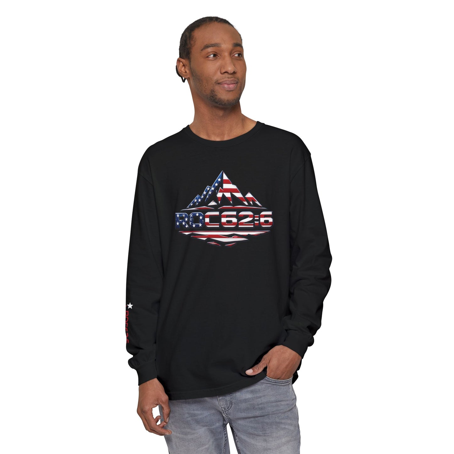 American Flag Mountain ROC626 Long Sleeve Shirt | Patriotic Outdoor Tee