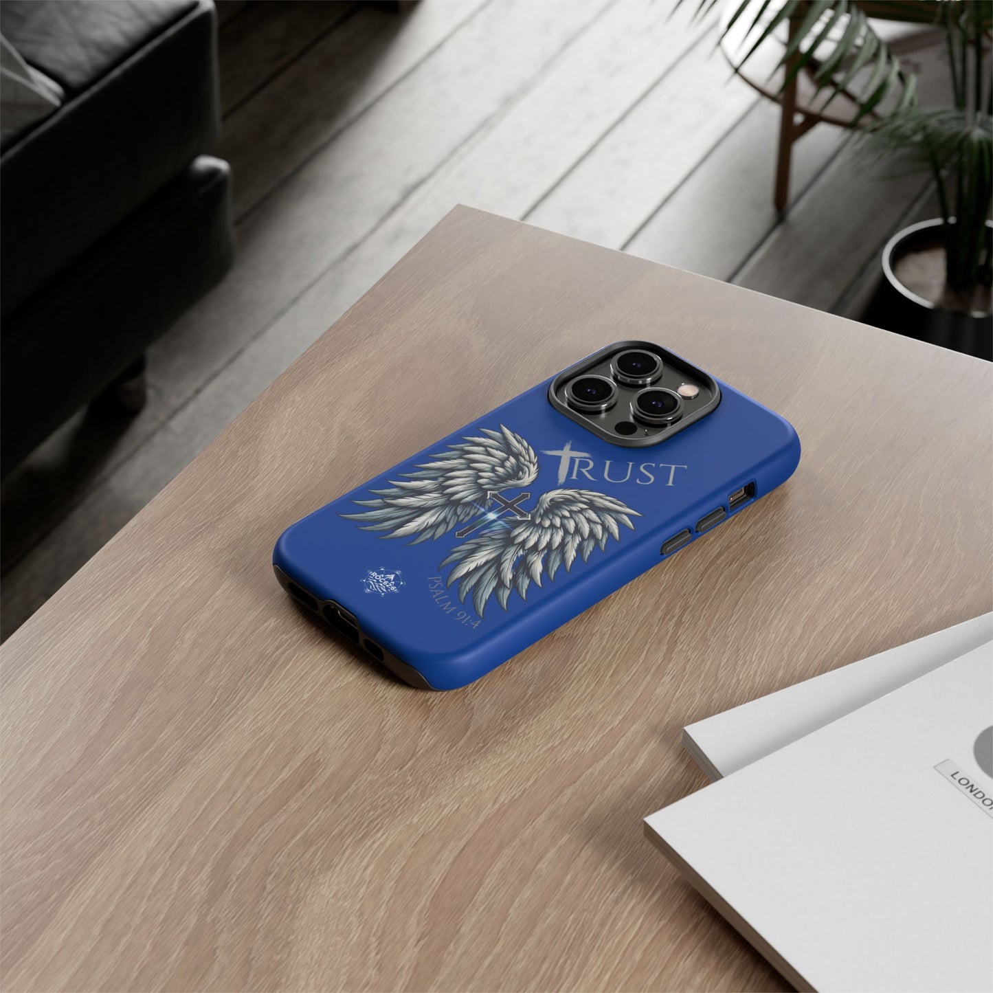 Wings Series Blue Phone Case - Trust, Psalm 91:4 Design, Inspirational Gift, Christian Accessories, Spiritual Protection, Encouragement