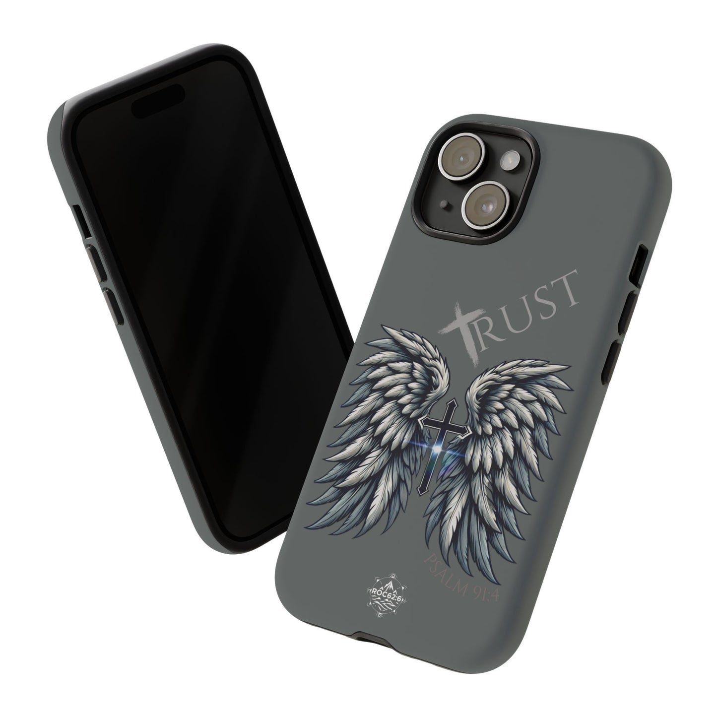 Wings Series Dark Grey Phone Case - Trust, Psalm 91:4 Design, Inspirational Gift, Christian Accessories, Spiritual Protection, Encouragement