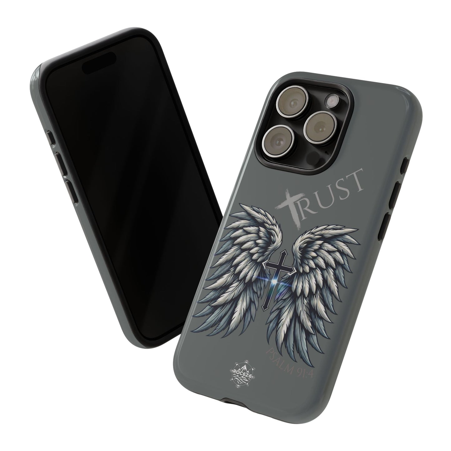 Wings Series Dark Grey Phone Case - Trust, Psalm 91:4 Design, Inspirational Gift, Christian Accessories, Spiritual Protection, Encouragement