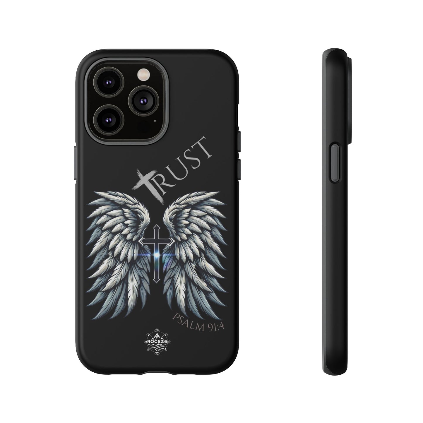 Wings Series Black Phone Case - Trust, Psalm 91:4 Design, Inspirational Gift, Christian Accessories, Spiritual Protection, Encouragement