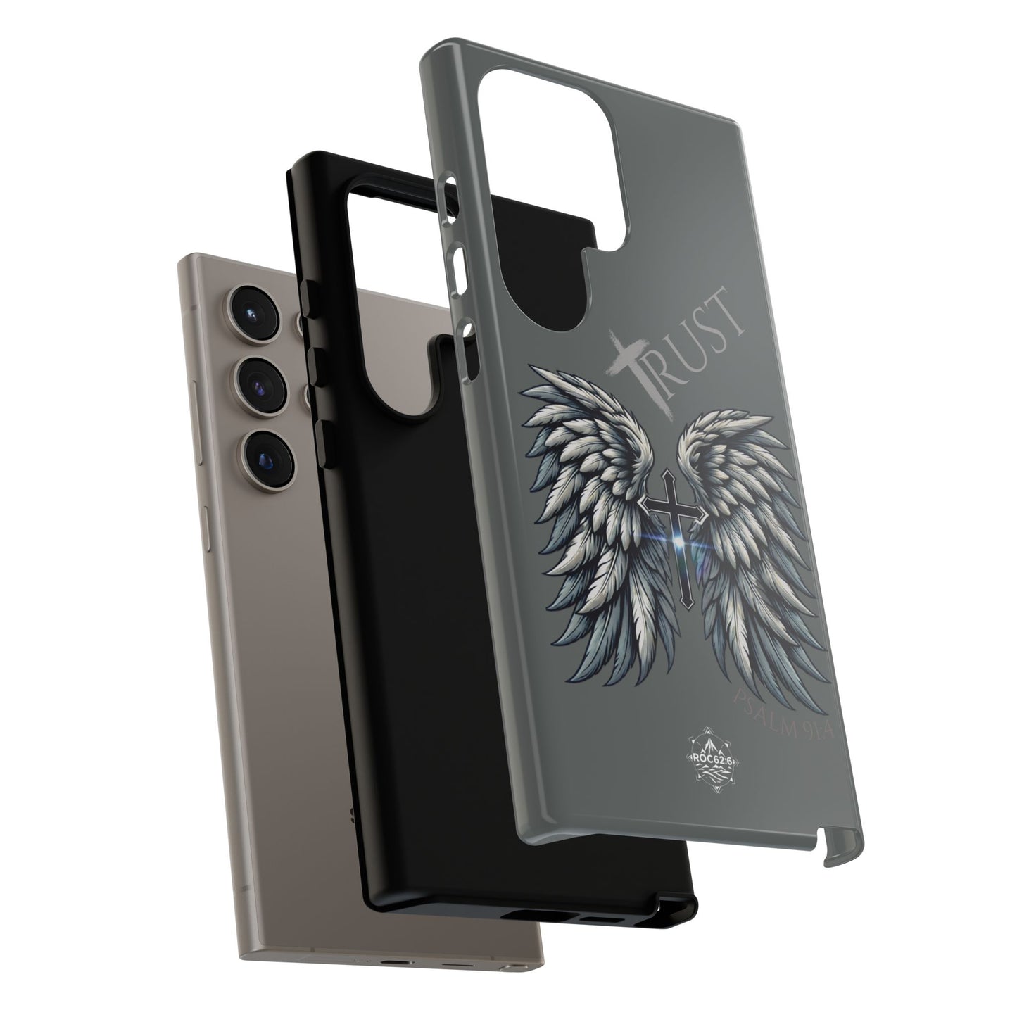 Wings Series Dark Grey Phone Case - Trust, Psalm 91:4 Design, Inspirational Gift, Christian Accessories, Spiritual Protection, Encouragement