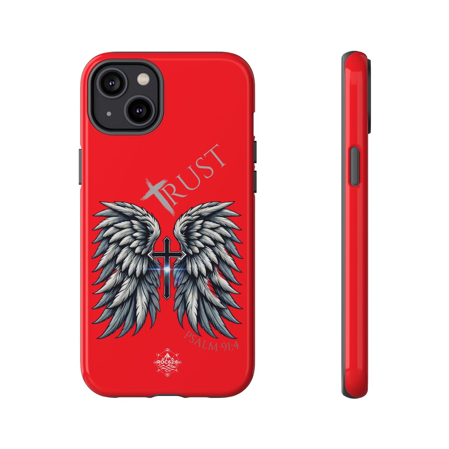 Wings Series Red Phone Case - Trust, Psalm 91:4 Design, Inspirational Gift, Christian Accessories, Spiritual Protection, Encouragement