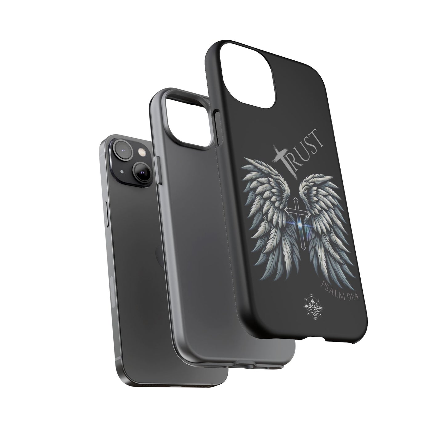 Wings Series Black Phone Case - Trust, Psalm 91:4 Design, Inspirational Gift, Christian Accessories, Spiritual Protection, Encouragement