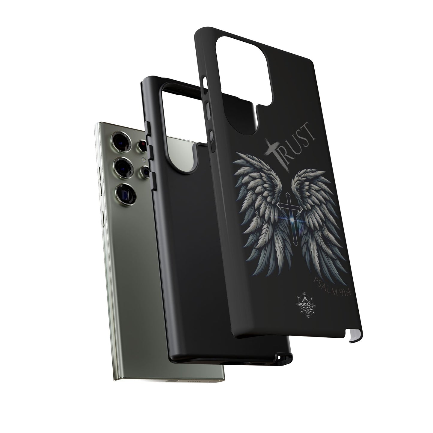 Wings Series Black Phone Case - Trust, Psalm 91:4 Design, Inspirational Gift, Christian Accessories, Spiritual Protection, Encouragement