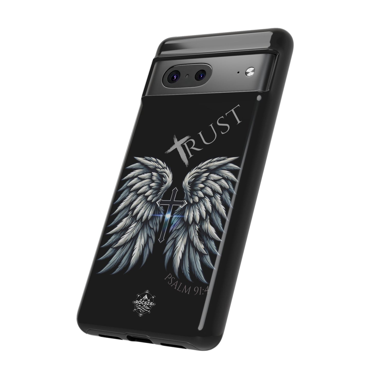 Wings Series Black Phone Case - Trust, Psalm 91:4 Design, Inspirational Gift, Christian Accessories, Spiritual Protection, Encouragement