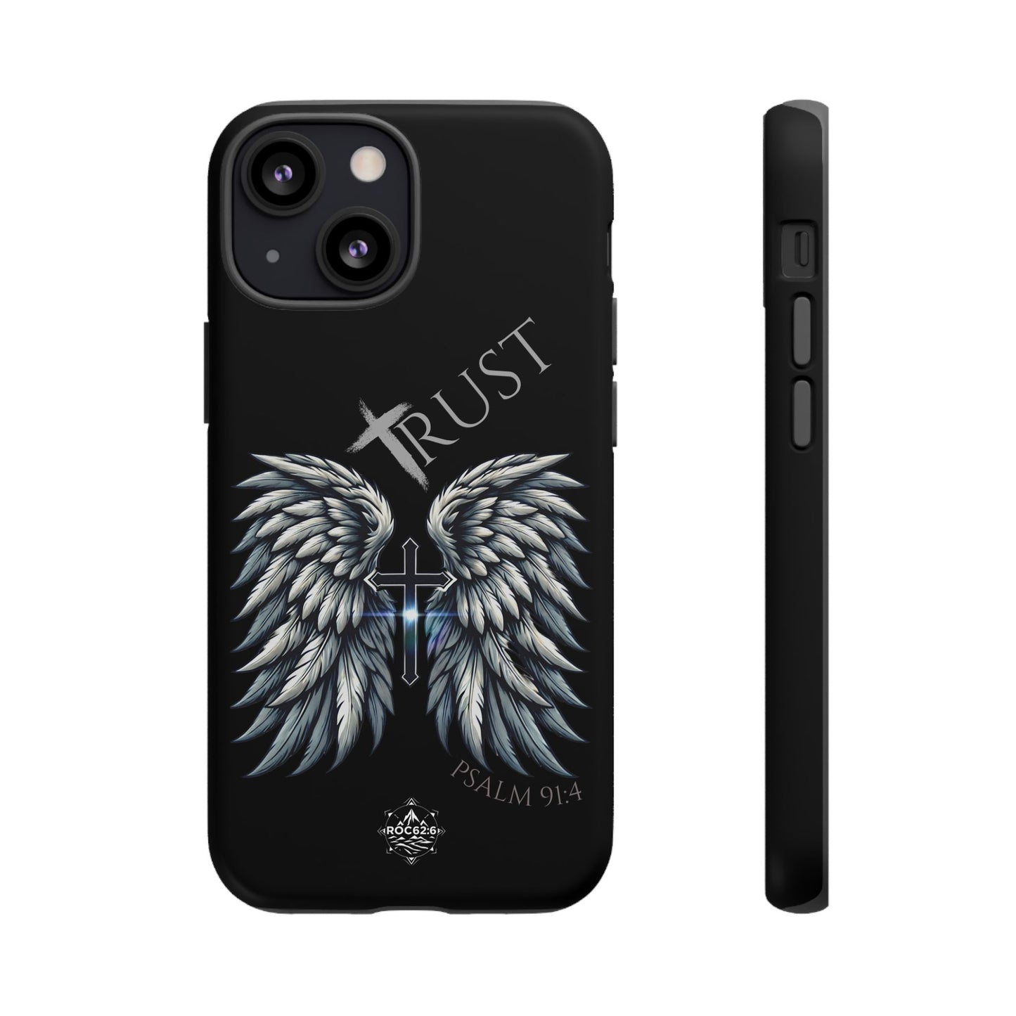 Wings Series Black Phone Case - Trust, Psalm 91:4 Design, Inspirational Gift, Christian Accessories, Spiritual Protection, Encouragement