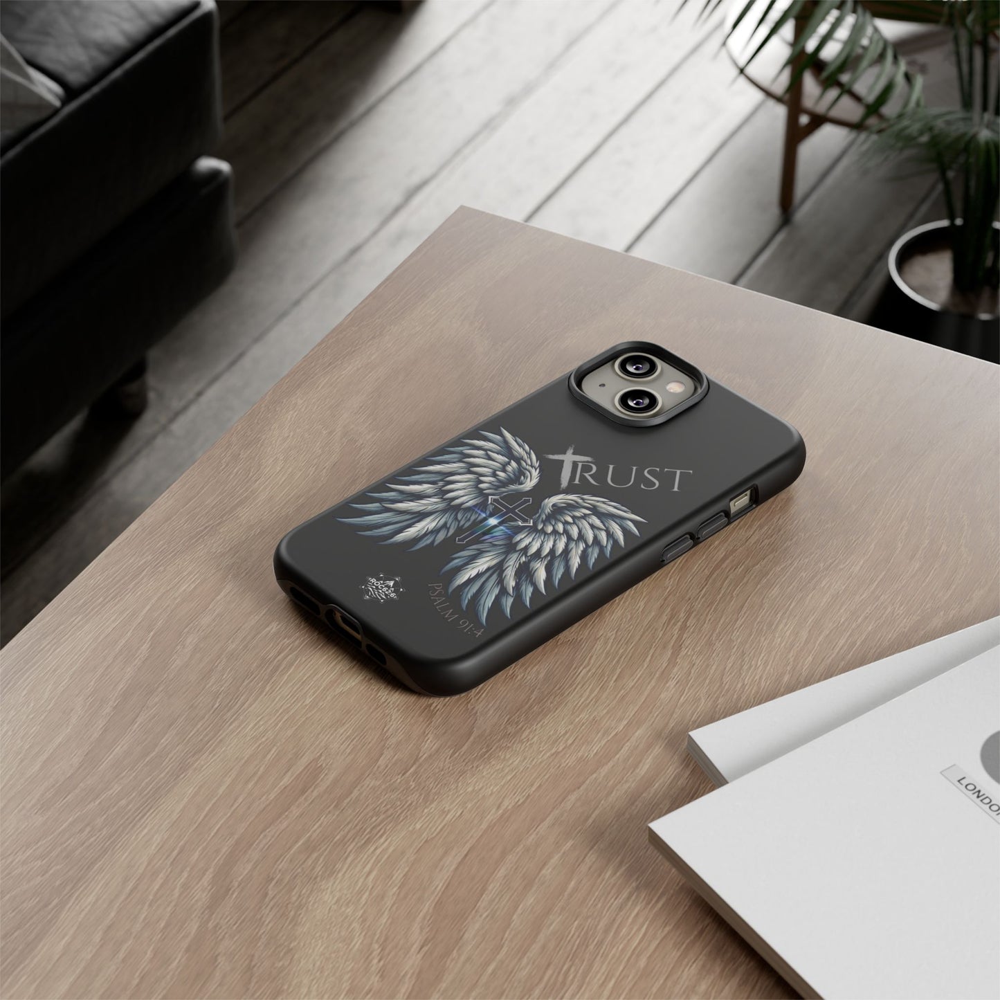 Wings Series Black Phone Case - Trust, Psalm 91:4 Design, Inspirational Gift, Christian Accessories, Spiritual Protection, Encouragement