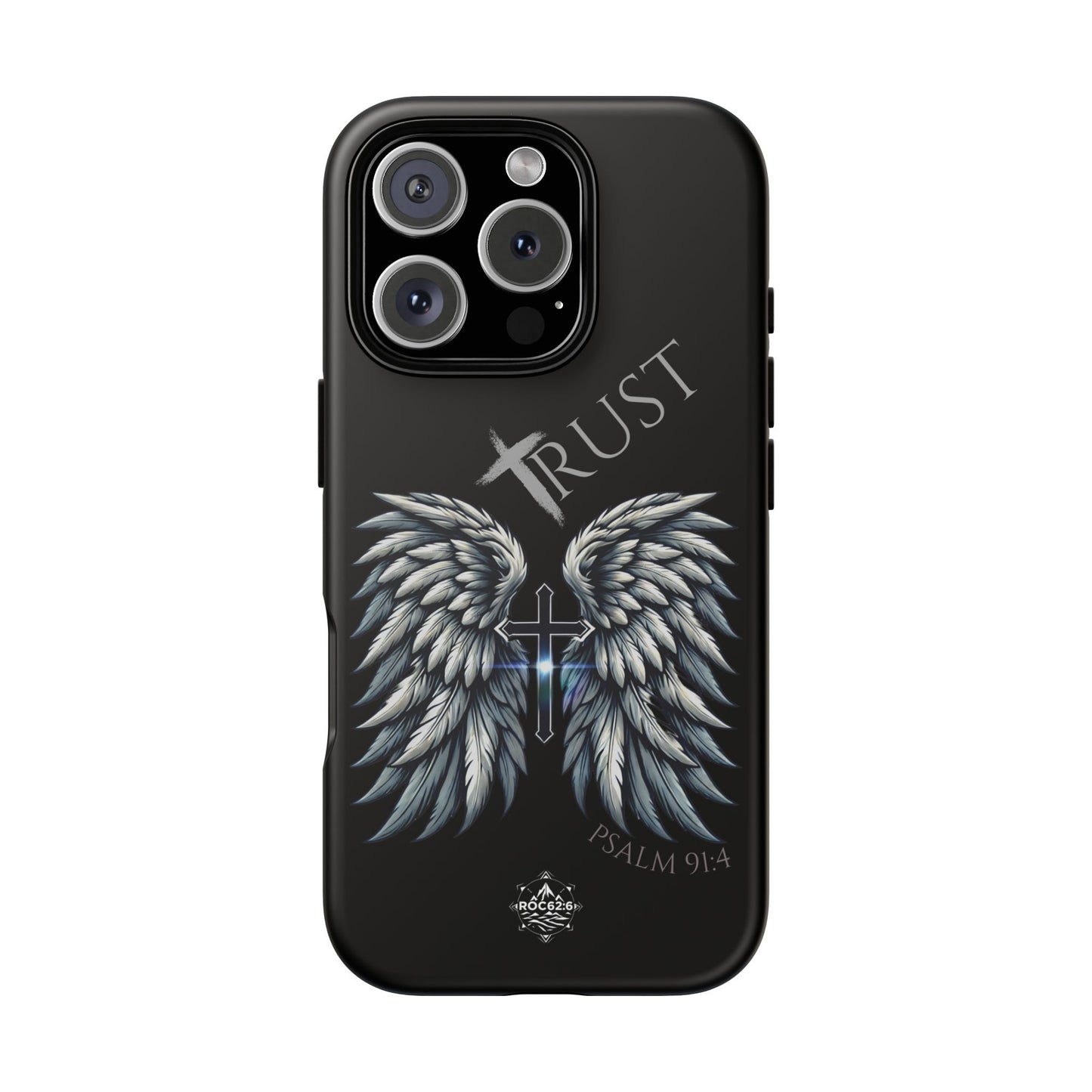 Wings Series Black Phone Case - Trust, Psalm 91:4 Design, Inspirational Gift, Christian Accessories, Spiritual Protection, Encouragement
