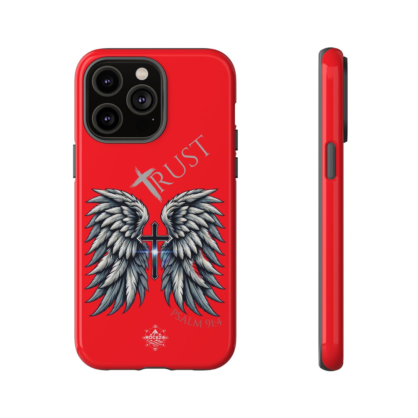 Wings Series Red Phone Case - Trust, Psalm 91:4 Design, Inspirational Gift, Christian Accessories, Spiritual Protection, Encouragement