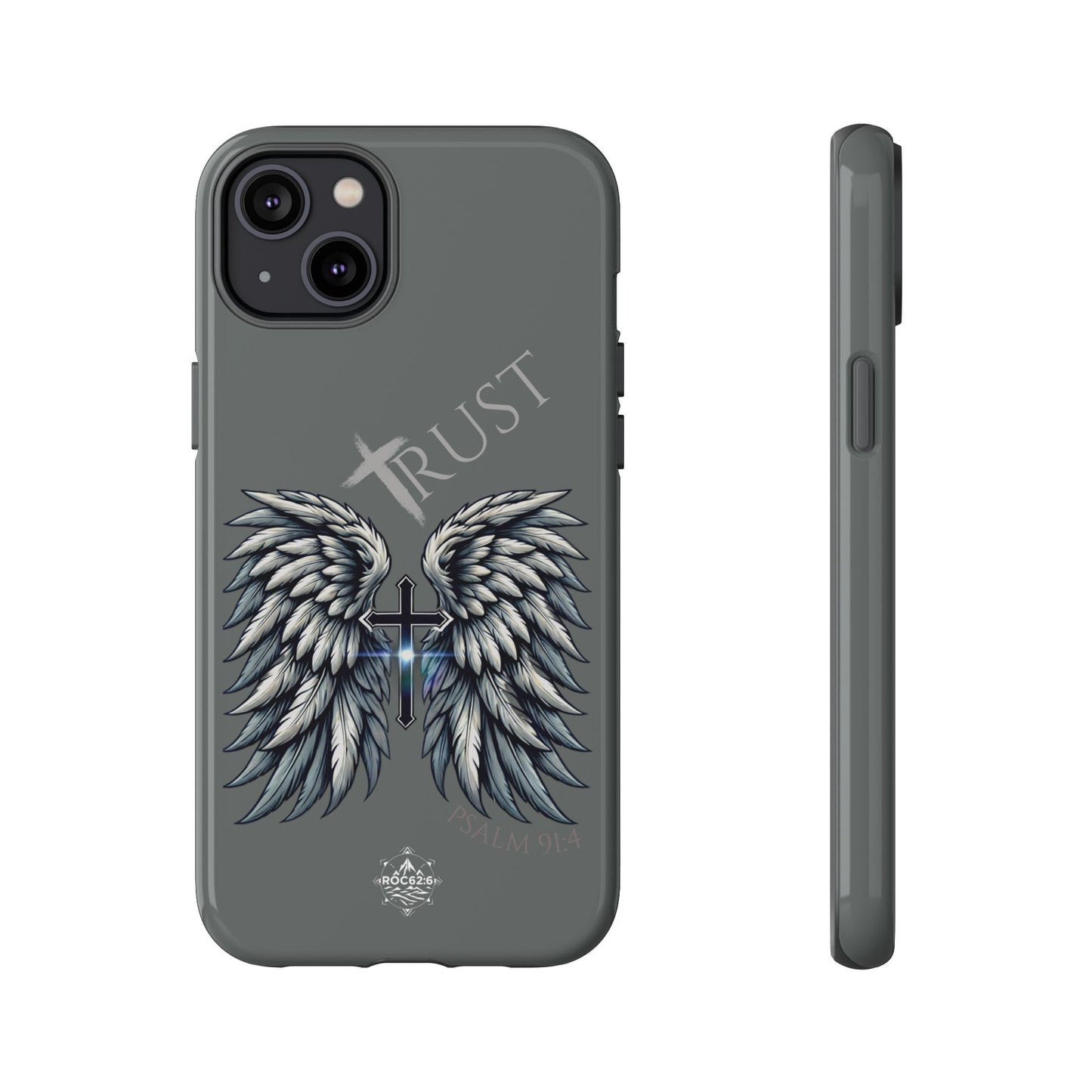Wings Series Dark Grey Phone Case - Trust, Psalm 91:4 Design, Inspirational Gift, Christian Accessories, Spiritual Protection, Encouragement