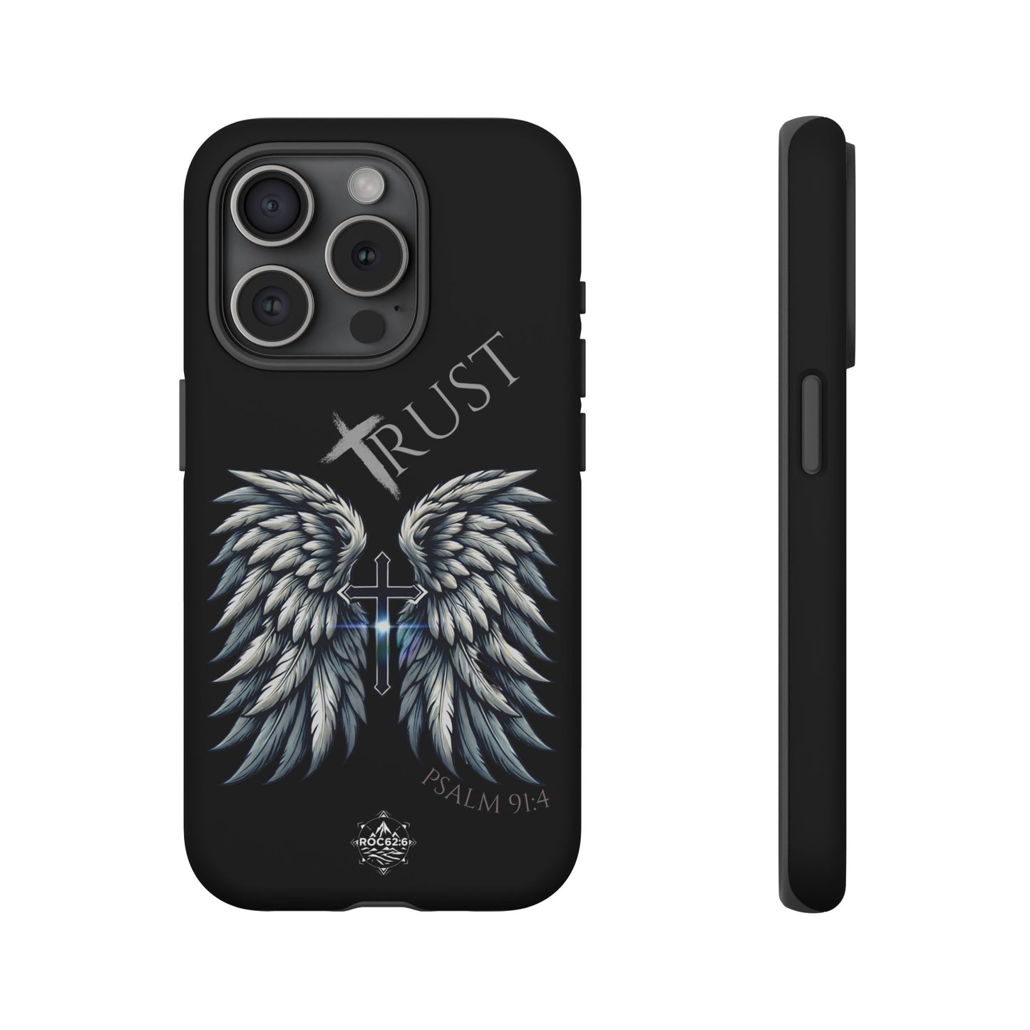 Wings Series Black Phone Case - Trust, Psalm 91:4 Design, Inspirational Gift, Christian Accessories, Spiritual Protection, Encouragement
