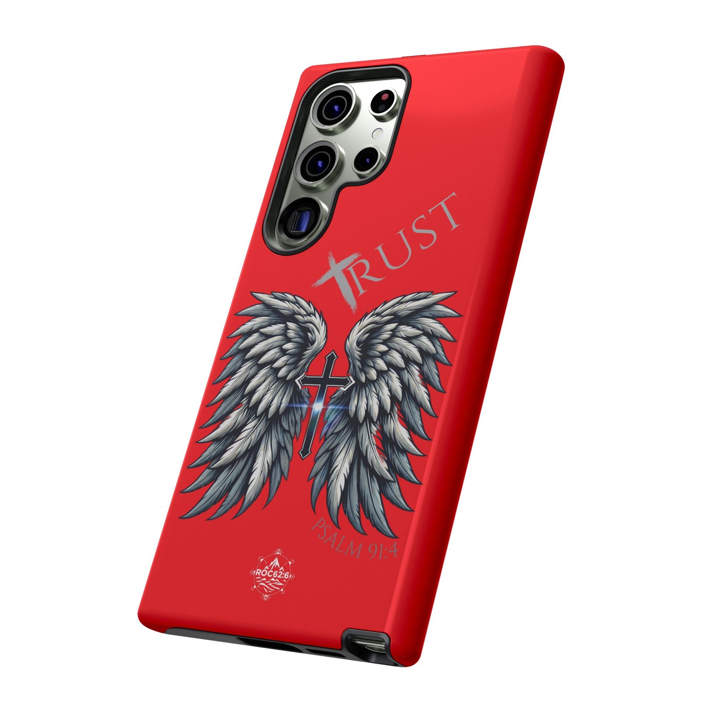 Wings Series Red Phone Case - Trust, Psalm 91:4 Design, Inspirational Gift, Christian Accessories, Spiritual Protection, Encouragement