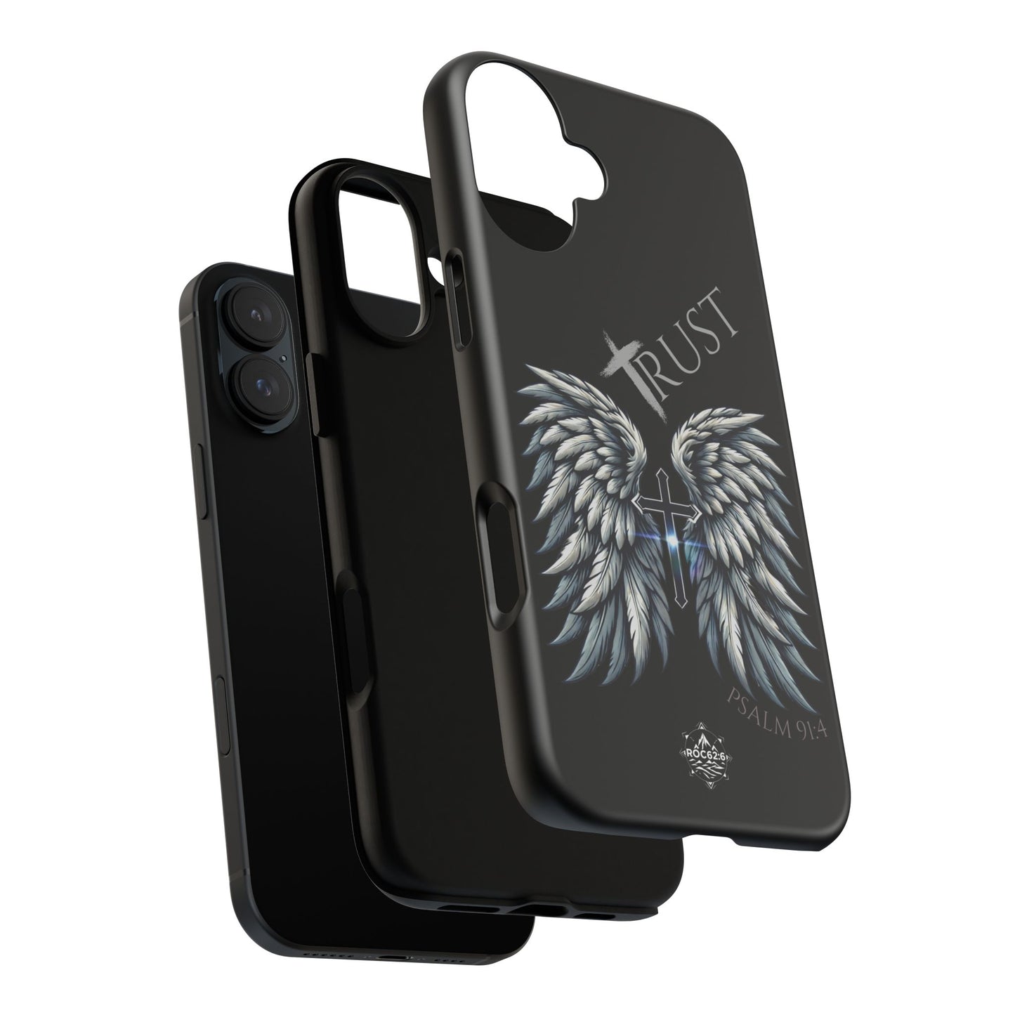 Wings Series Black Phone Case - Trust, Psalm 91:4 Design, Inspirational Gift, Christian Accessories, Spiritual Protection, Encouragement