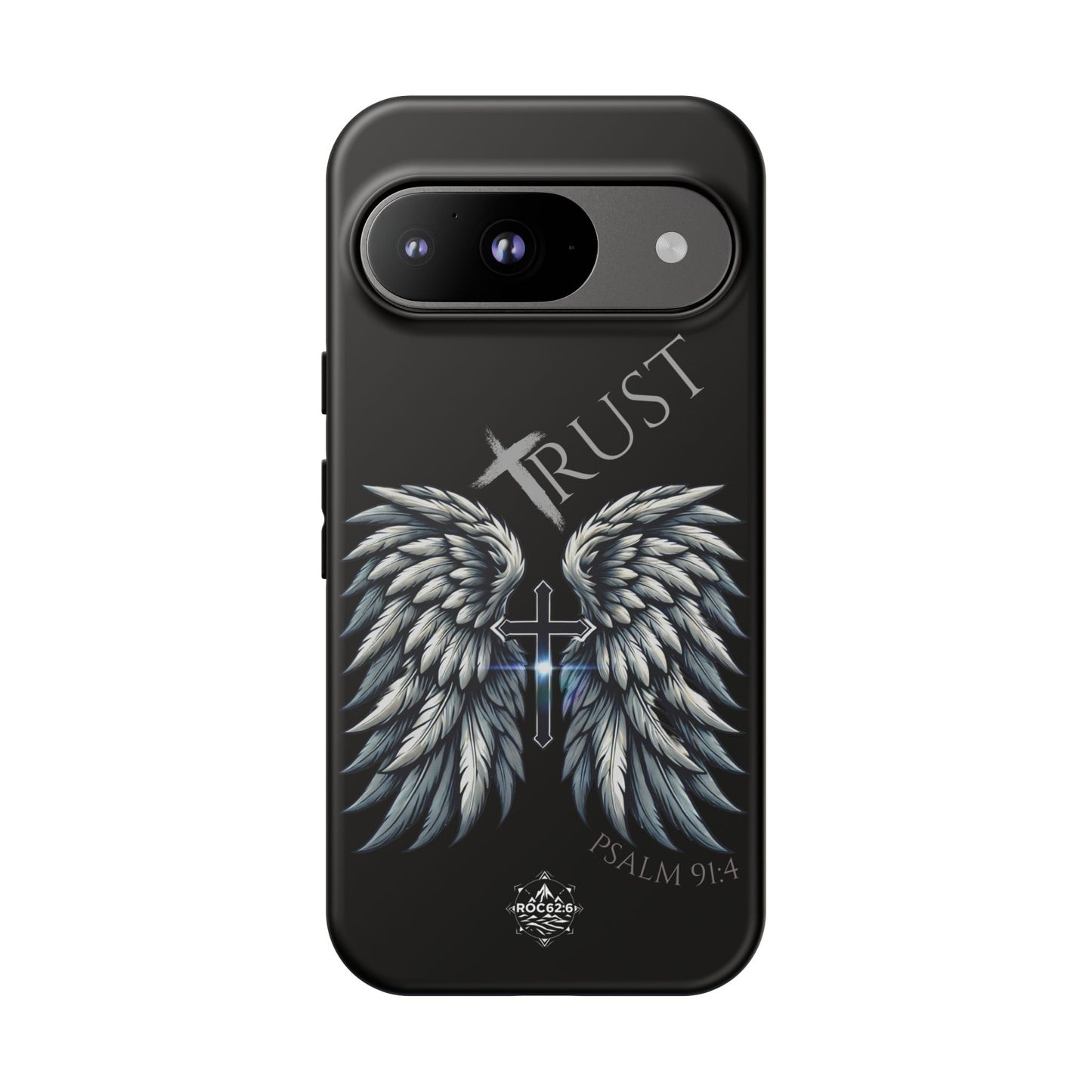 Wings Series Black Phone Case - Trust, Psalm 91:4 Design, Inspirational Gift, Christian Accessories, Spiritual Protection, Encouragement