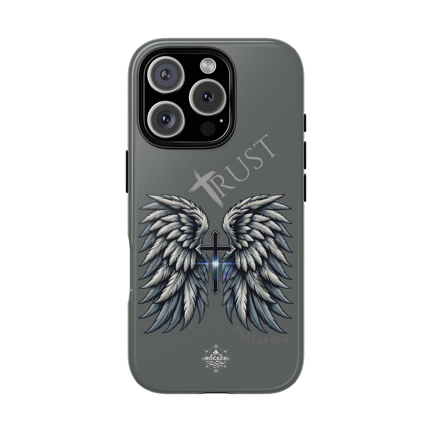 Wings Series Dark Grey Phone Case - Trust, Psalm 91:4 Design, Inspirational Gift, Christian Accessories, Spiritual Protection, Encouragement