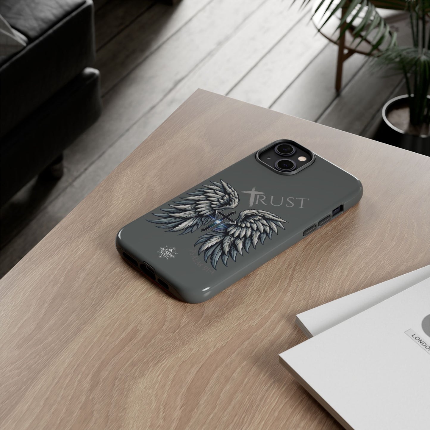Wings Series Dark Grey Phone Case - Trust, Psalm 91:4 Design, Inspirational Gift, Christian Accessories, Spiritual Protection, Encouragement